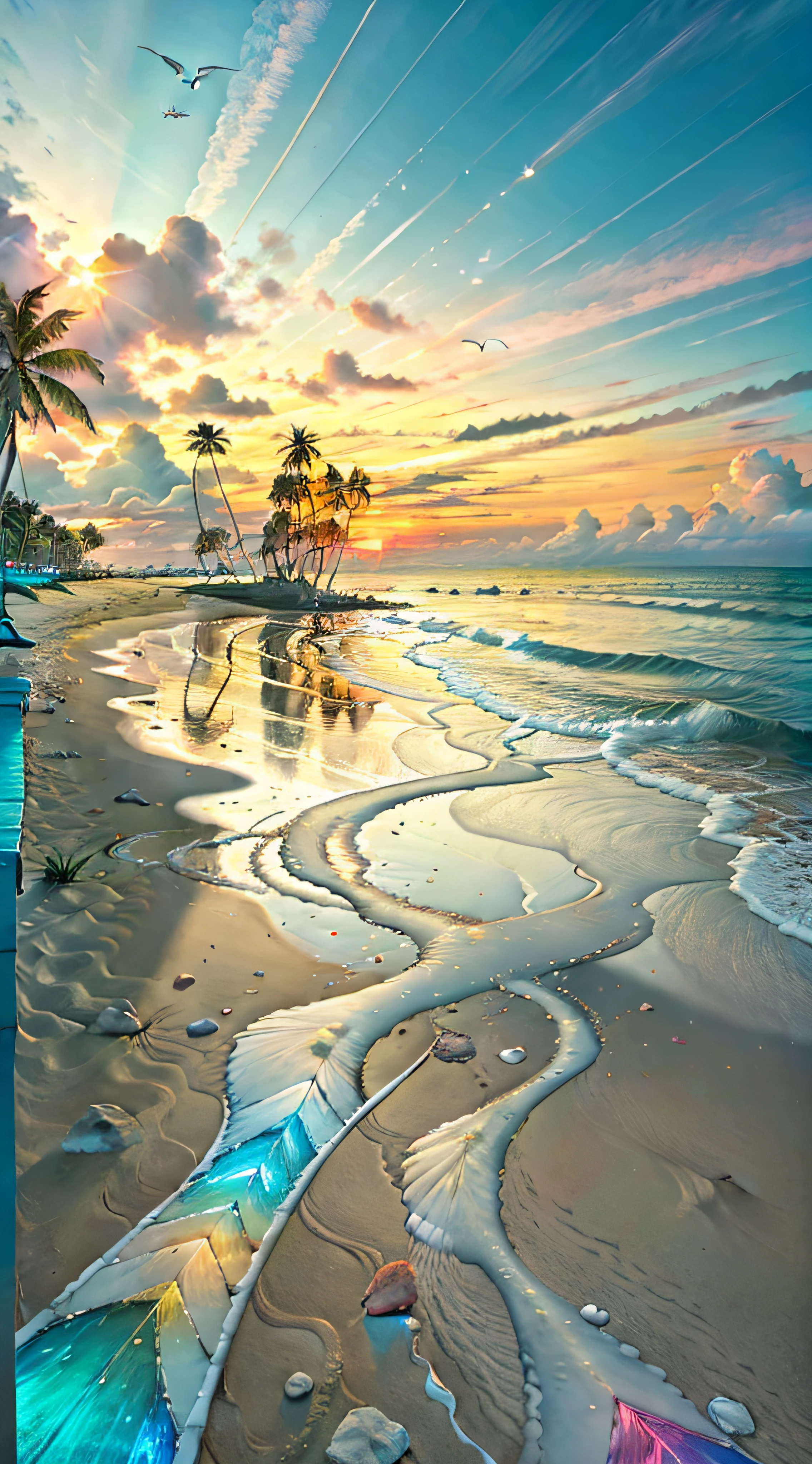 The beach is covered with colorful transparent smooth stones: 1.5, an absolutely mesmerizing sunset on the beach with a mix of orange, pink and yellow in the sky. The water is crystal clear, gently kissing the shore, and the white sand beach stretches as far as the eye can see. The scene is dynamic and breathtaking, with seagulls soaring high in the sky and palm trees gently swaying. Soak up the calming atmosphere and let tranquility envelop you.