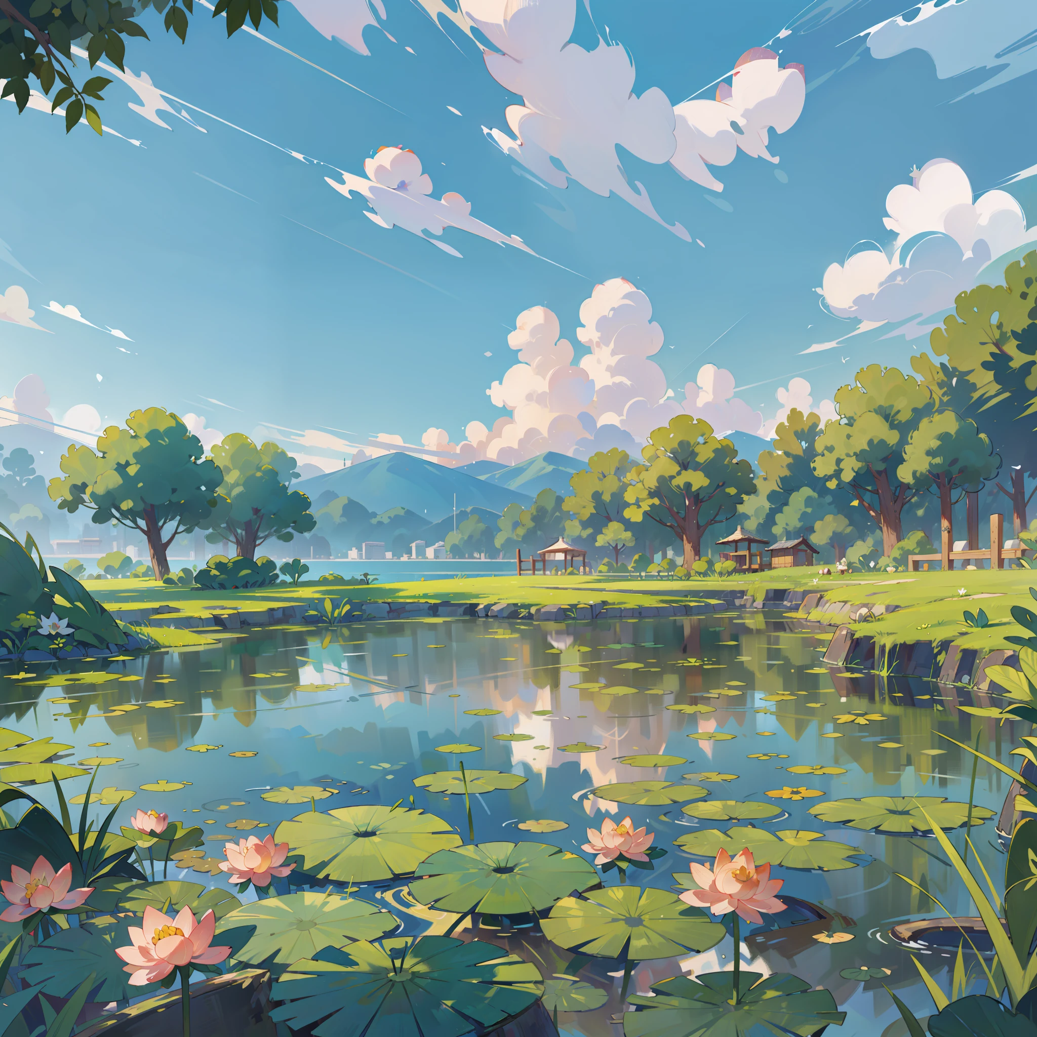 (Masterpiece, best quality), lake full of lotus flowers, lotus leaves, fine plant carvings, plants, grass, countryside, clouds, sun, clean blue sky, summer