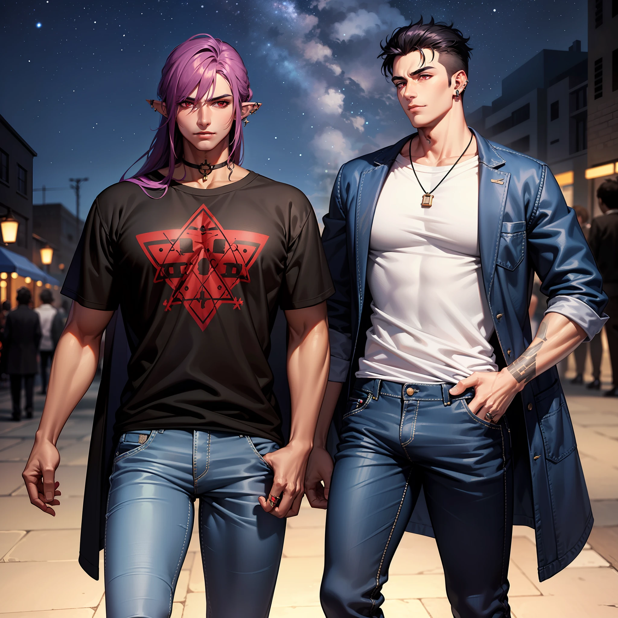 Handsome male, purple hair, long hair, detailed body, detailed hands, horns, loving, arrogant expression, red eyes, roman nose, almond eyes, baggy T-shirt, black shirt, blue denim jeans, cocky, nightfall, starry sky, handsome, bushy brows, pointy ears, ear piercings, rings, 1 male, black coat, tattoos, dark skin, brown skin, charming, good quality, long hair, huge bulge in pants, veiny arms and hands, black denim jeans, hand on bulge