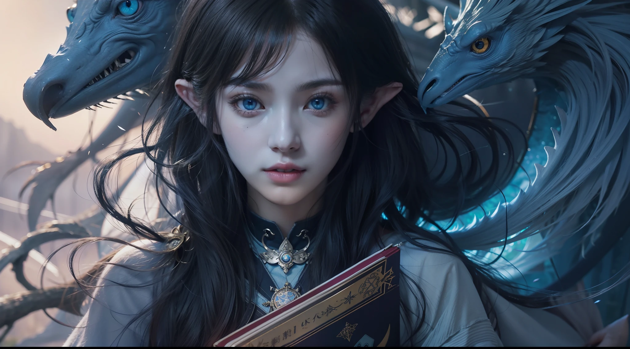 Magic Book,Blood,Night, Dark, (Fantasy),infinite,deep blue sky,The abyss of knowledge,Cowledge,((masutepiece)), (((Best Quality))),((Beautiful fine eyes)),(Eye lashes)、Beautiful girl riding blue dragon、(***1人)、Perfect human body structure、Black hair、The long-haired、abyss eyes、glowy skin、oils、small tits、(Bird body、pluma)、Wizard robes、tattered cloth、Realistic coat、Teenchi、elvish、Super delicate CG Unity 32k wallpaper、​masterpiece, ((ultra-detailliert)), ((illustratio)),colourfull,wall-paper,The energy,Unknown terror,Incomprehensible,Around the magic,Magical surroundings,magic wands,Boken,Flying pages,Know everything,Predict the future、Get to know the past、Infinite wisdom、blue flames、Warlock、magic circles、Pentagram、Spells、mantra、Singing magic