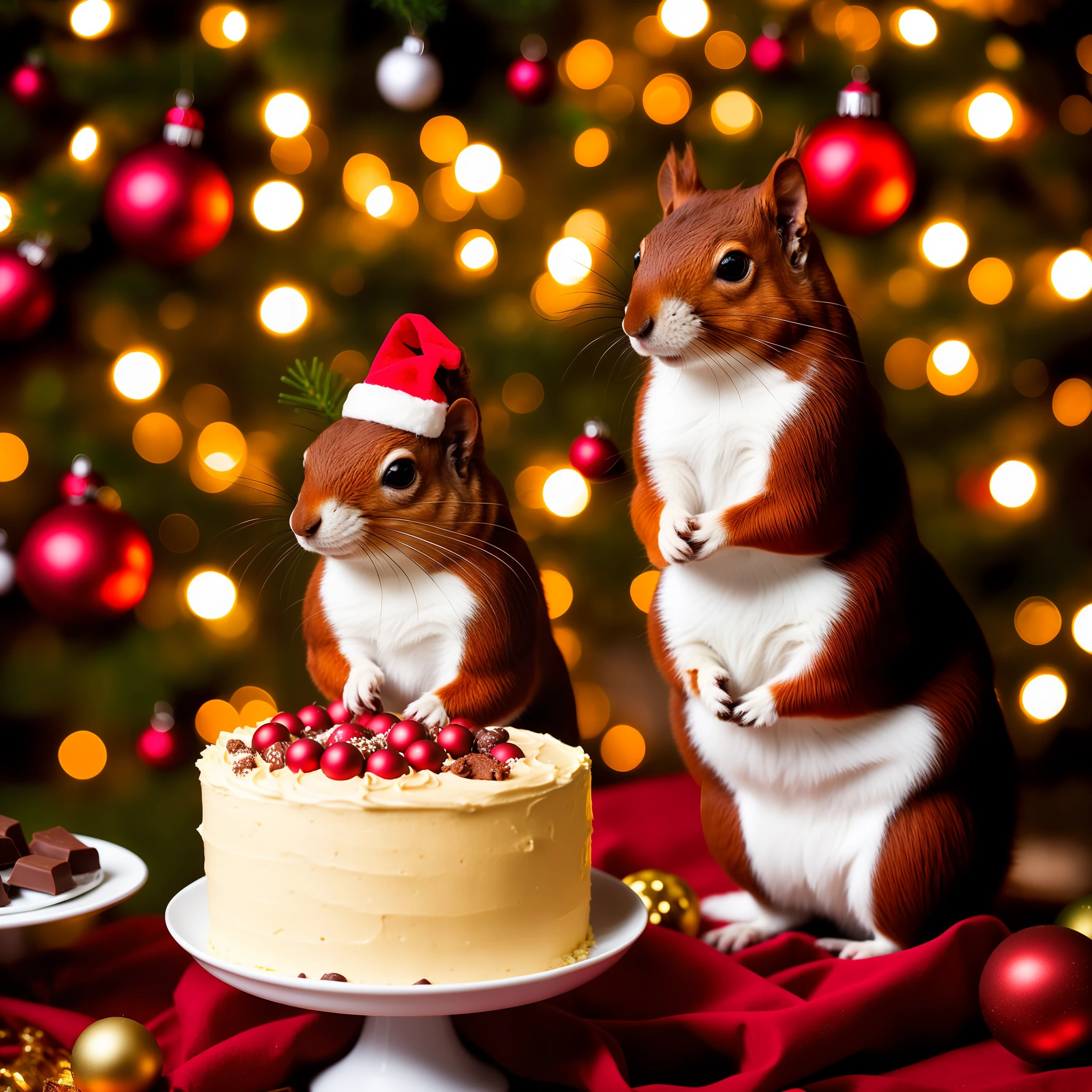 Chocolate squirrel with Christmas decorations and cake on the table, A hyper-realistic, Chocolate art, Award-winning pet photography, festive, by Aleksander Gierymski, portrait shot, Portrait, by Jakob Gauermann, Yitzhak Holtz, ultra realistis, detailed portrait shot, Sanders skirt, Large portrait, Sculpted from candy, Fully decorated