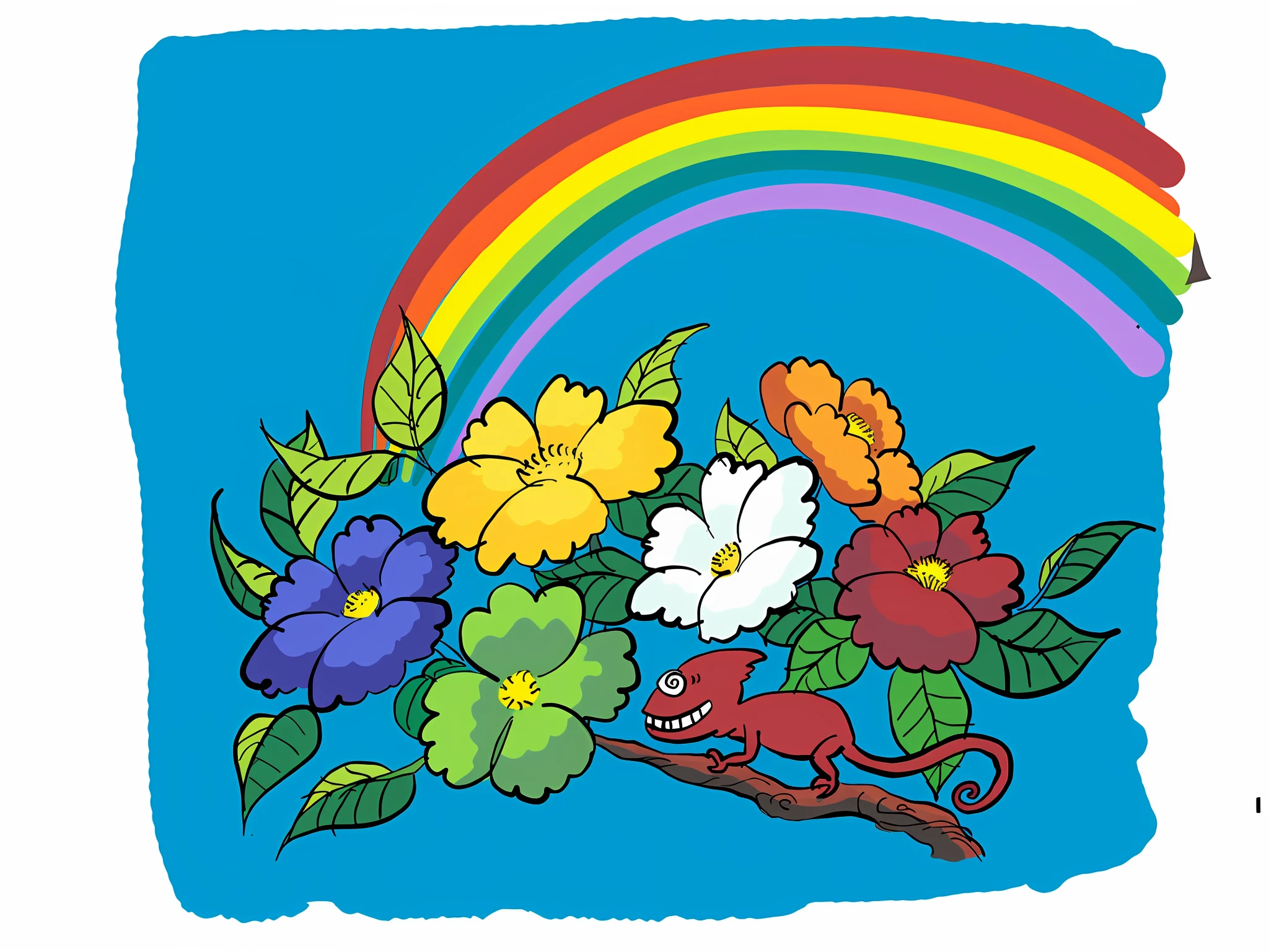 There are drawings of lizards and flowers on the branches, Rainbow gouache, full-colour illustration, colorful illustrations, rainbow line - art, botanical rainbow backdrop, colorful illustrations, rainbow bg, inspired by Richard Doyle, colorful kids book illustration, with colored flowers, Rainbow, Colorful illustration, rainbowing, coloured with lots of colour, still of rainbow ophanim