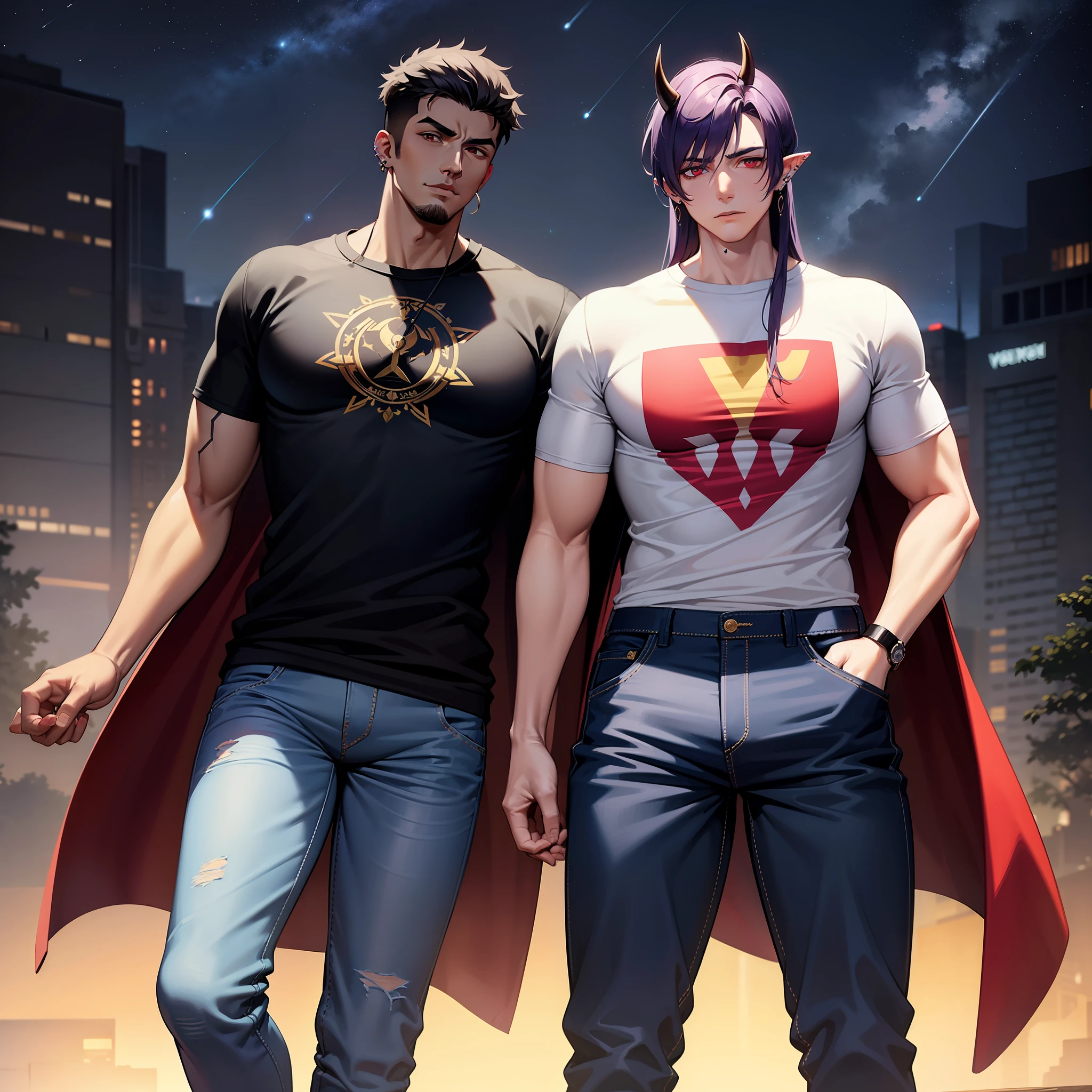 Handsome male, purple hair, long hair, detailed body, detailed hands, horns, loving, arrogant expression, red eyes, roman nose, almond eyes, baggy T-shirt, black shirt, blue denim jeans, cocky, nightfall, starry sky, handsome, bushy brows, pointy ears, ear piercings, rings, 1 male, black coat, tattoos, dark skin, brown skin, charming, good quality, long hair, huge bulge in pants, veiny arms and hands, black denim jeans, hand on bulge