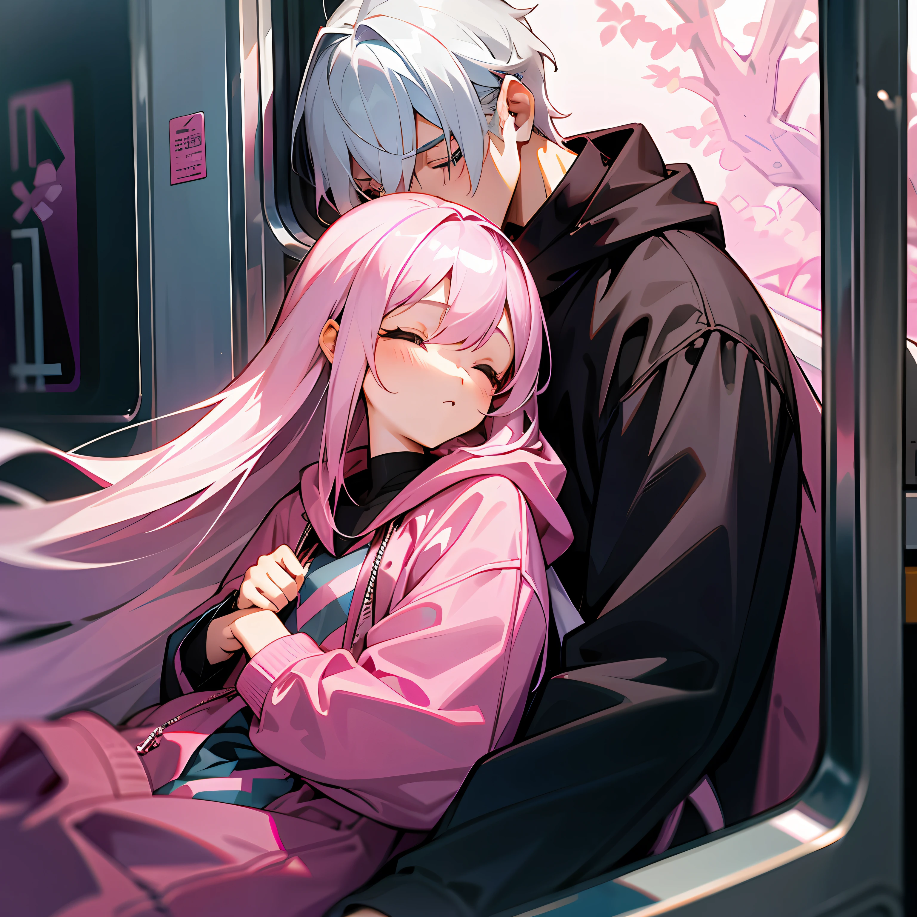Beautiful long pink-haired girl napping on the shoulder of a boy with silver hair, Boy wearing black hoodies looking at the girl, girl wearing pink hoodies, aboard a train, two passengers, best quality, masterpiece, Model: Checkpoints_AnythingDarkNeg100