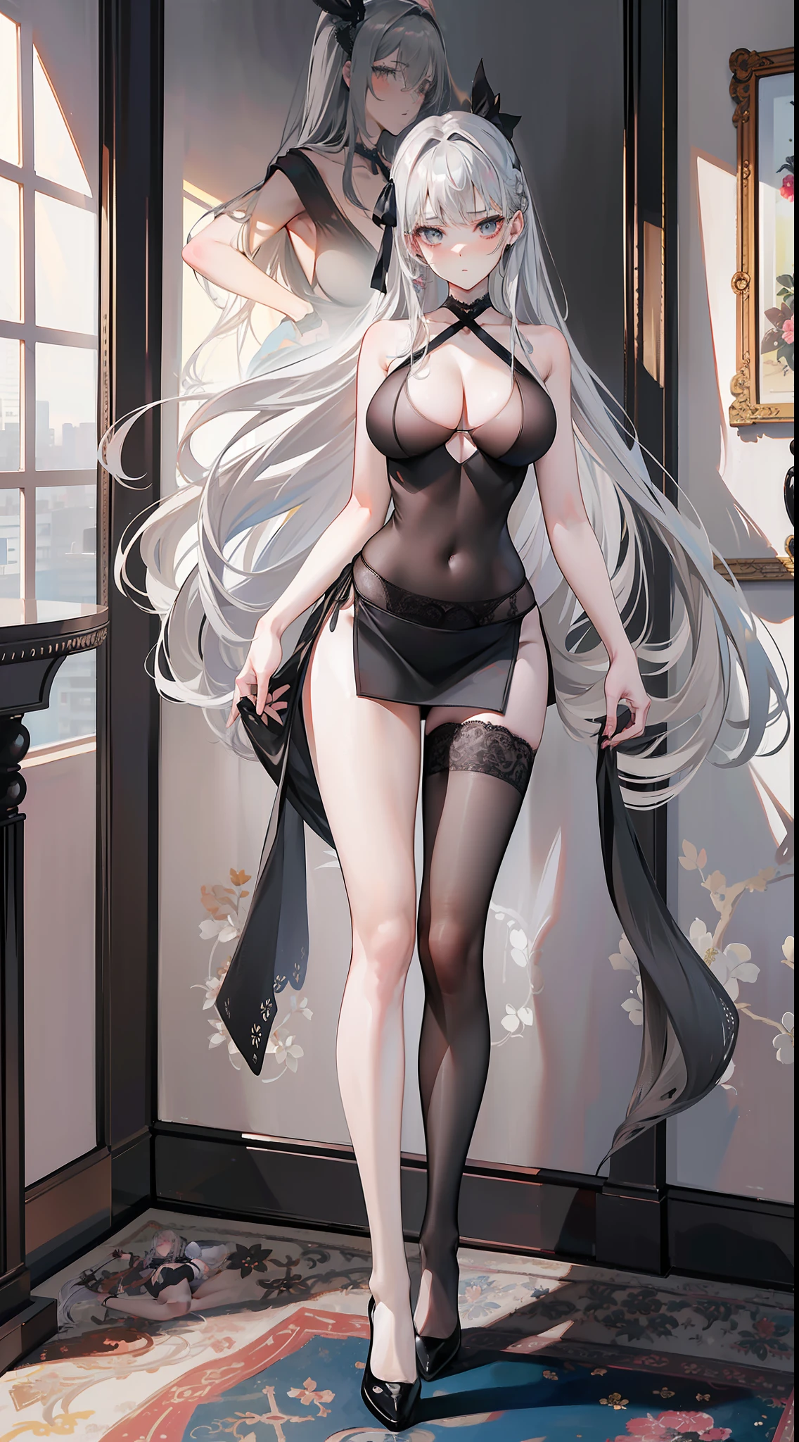 （（（Best quality）））， （（ultra - detailed））， （In the office）， （highly detailed CGillustration）， （（Very fine and beautiful）），Mature and beautiful，flustered, full blush, view the viewer，Ultra-detailed CG，Exquisite facial features，Clear facial expressions，Detailed digital anime art，Digital anime art，High quality anime art style, (Masterpiece), Best quality, Perfect face, ((1girll)), Mature woman, Leaning forward, ((Very long gray hair:1.5)), High ponytail, extremely giant breasts, Hanging breasts, cleavage, Narrow waist, ((ribbon:1.2)), Wearing glasses, ((Superskirt:1.5)), choker necklace, ((Black dress:1.2)), ((The skirt was blown away)), ((Mini tight skirt: 1.5)), ((full body:1.5)), High heels, Garters, ((Lace stockings:1.2)), ((Long and slender legs)), Beautiful legs,Erotic,Seductive pose, ((show underwear, Show panties:1.2))，accidental exposure, ((standing:1.2)), (Open legs:1.2), ((Front Shooting)), Slender figure，（nurses uniform:1.5）, waist-up,Narrow skirt，leotard skirt