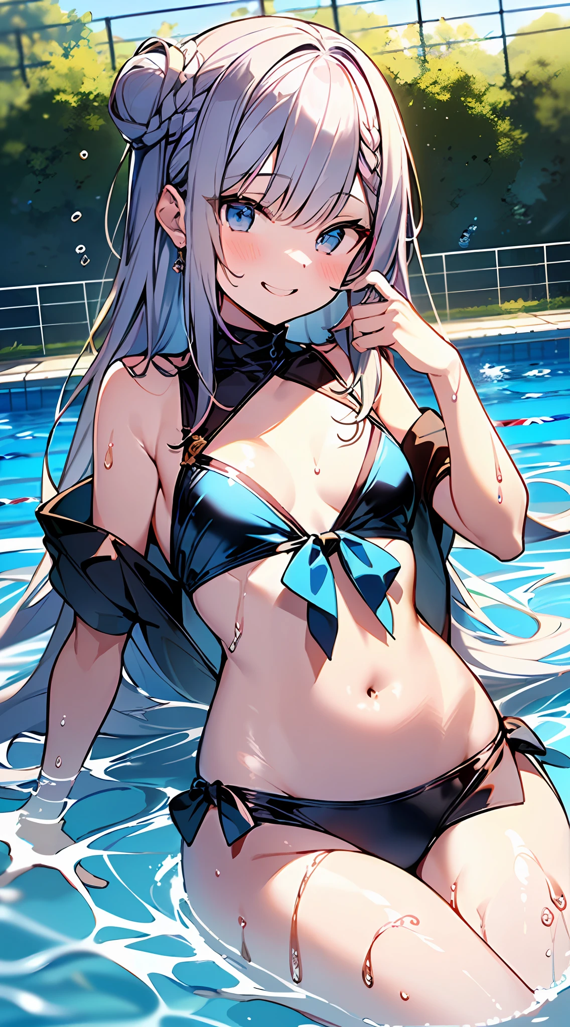 (Incredibly ridiculous absolute resolution:1.5)、hiquality、top-quality、masuter piece、Anime girl in white-blue bikini, 魅惑的、Anime , 8k Manga Wallpapers, Smile、Shy laughter、((small curvy loli pretty anime girl,((swimming pools))、(Semi-long hair)、(short braided hair)