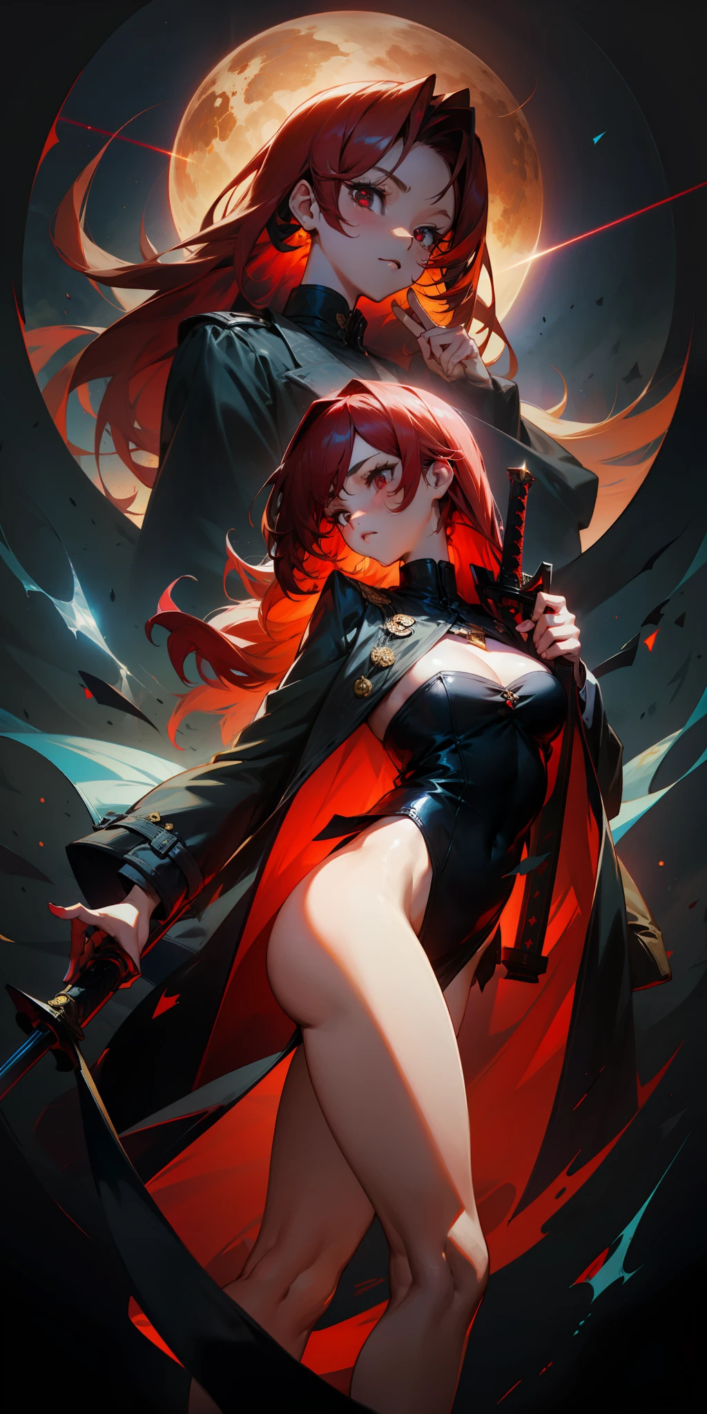 1girll, red pupils,Red long-haired,crisp breasts,Convex buttocks,Bare legged,Black heels,White bandeau dress,Decorated with a gold pattern,He wears a black trench coat,He held a red laser sword in his hand。,starrysky,kosmos,Detailed background,Clothing details,perfectly proportioned, Cinematic lighting, filmgrain, Fuji colors, lightand shade contrast, 8K, 巨作, Textured skin, Super detail, high detal, high qulity, A high resolution,