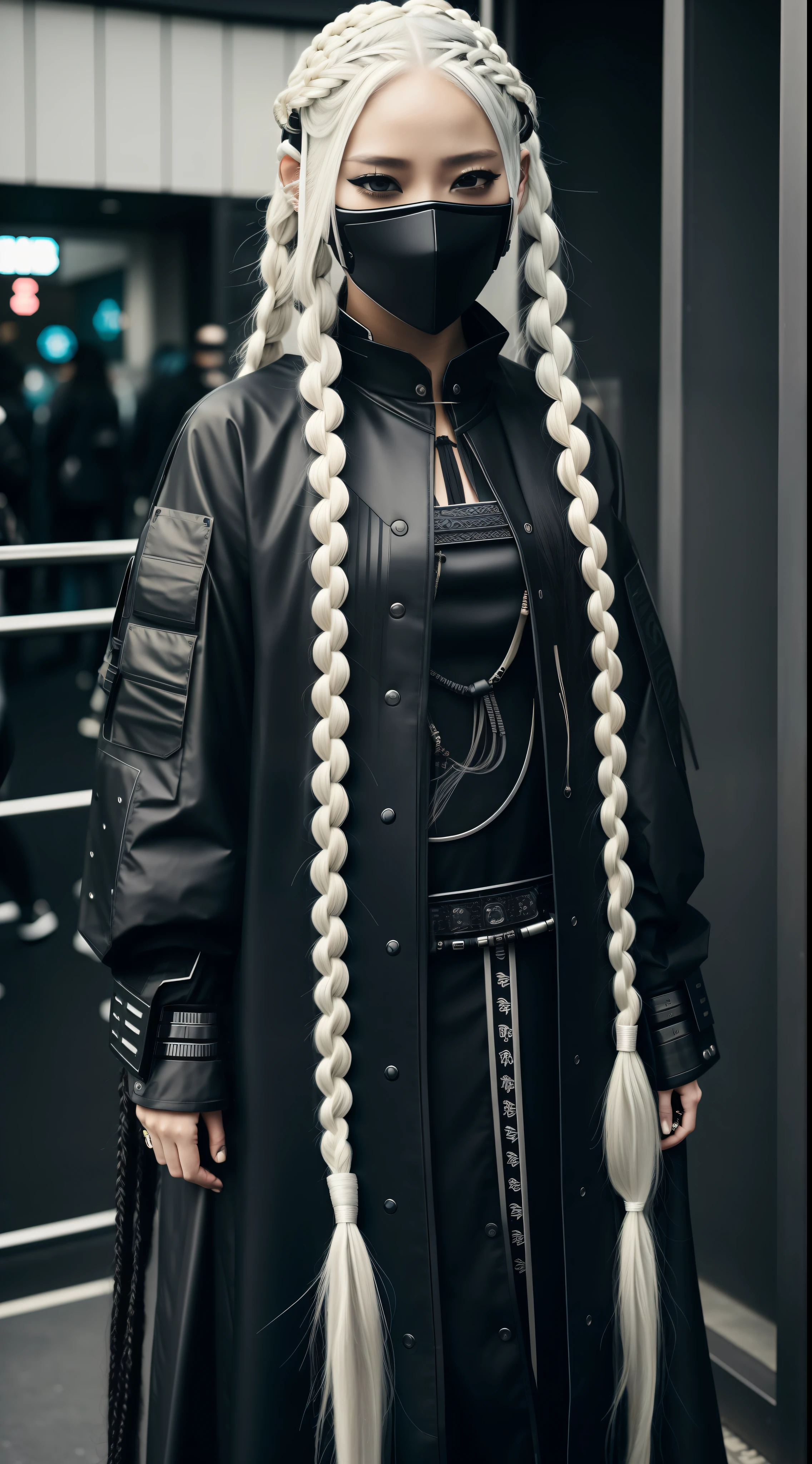 Woman in black fashion Harajuku, with cyberpunk mask, (long white hair), (long white braids), multiple braids, in Japanese technical clothes, photo of a woman in technology, cyberpunk streetwear, future clothes and armor, futuristic clothes in technique, very beautiful cyberpunk samurai