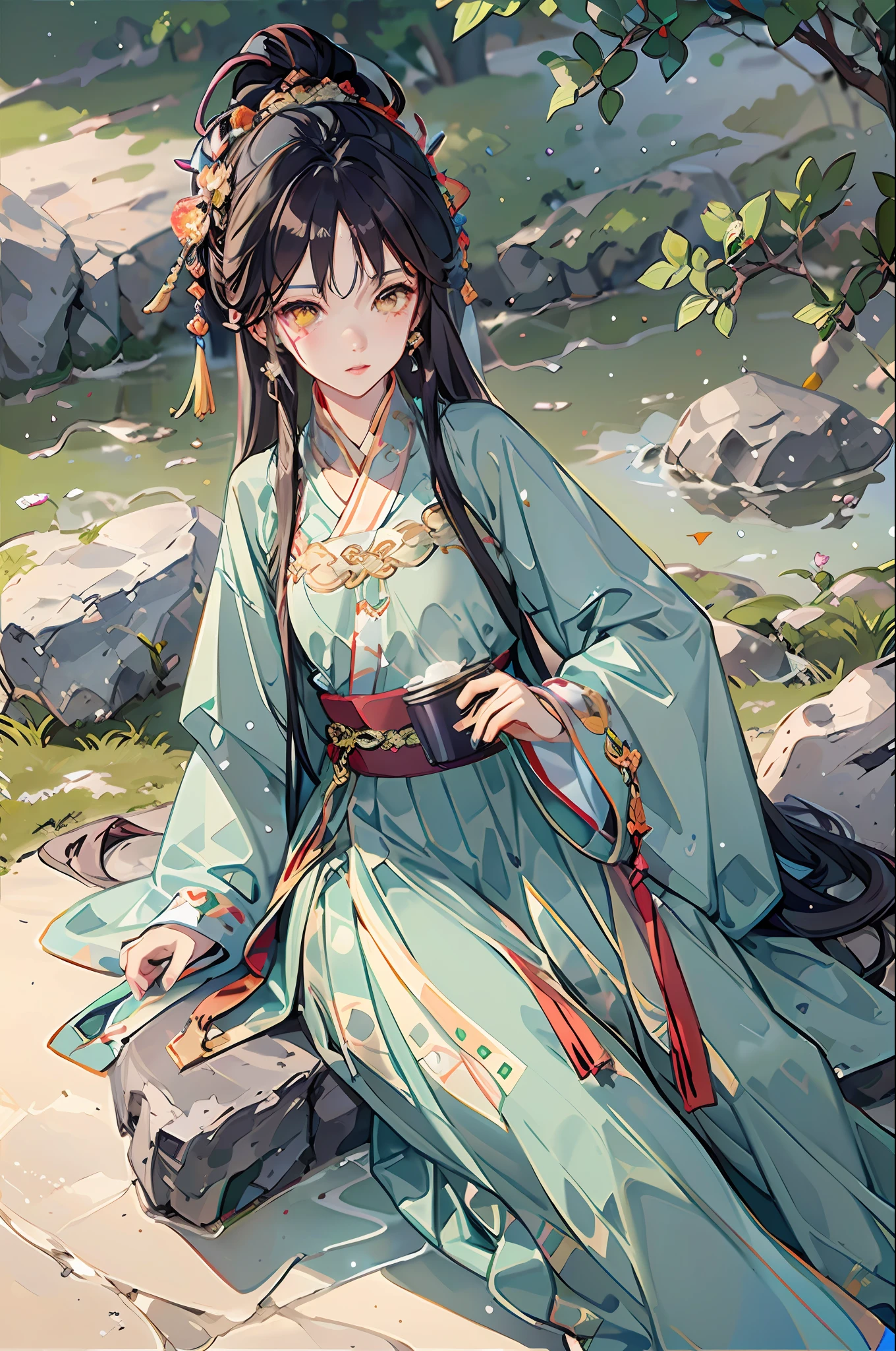 Best quality at best,Complicated details,A high resolution,(beautiful detailed water:1.4),(Hanfu,Tang Feng),yellow eyes,(Girl in a glass jar:1.1),Close-up of a woman in a red and white dress on the beach, by Yang J, trending on cgstation, White Hanfu, Anime goddess, Guviz, Guviz-style artwork, full-body xianxia, beautiful and seductive anime woman, Middle Metaverse, made with anime painter studio