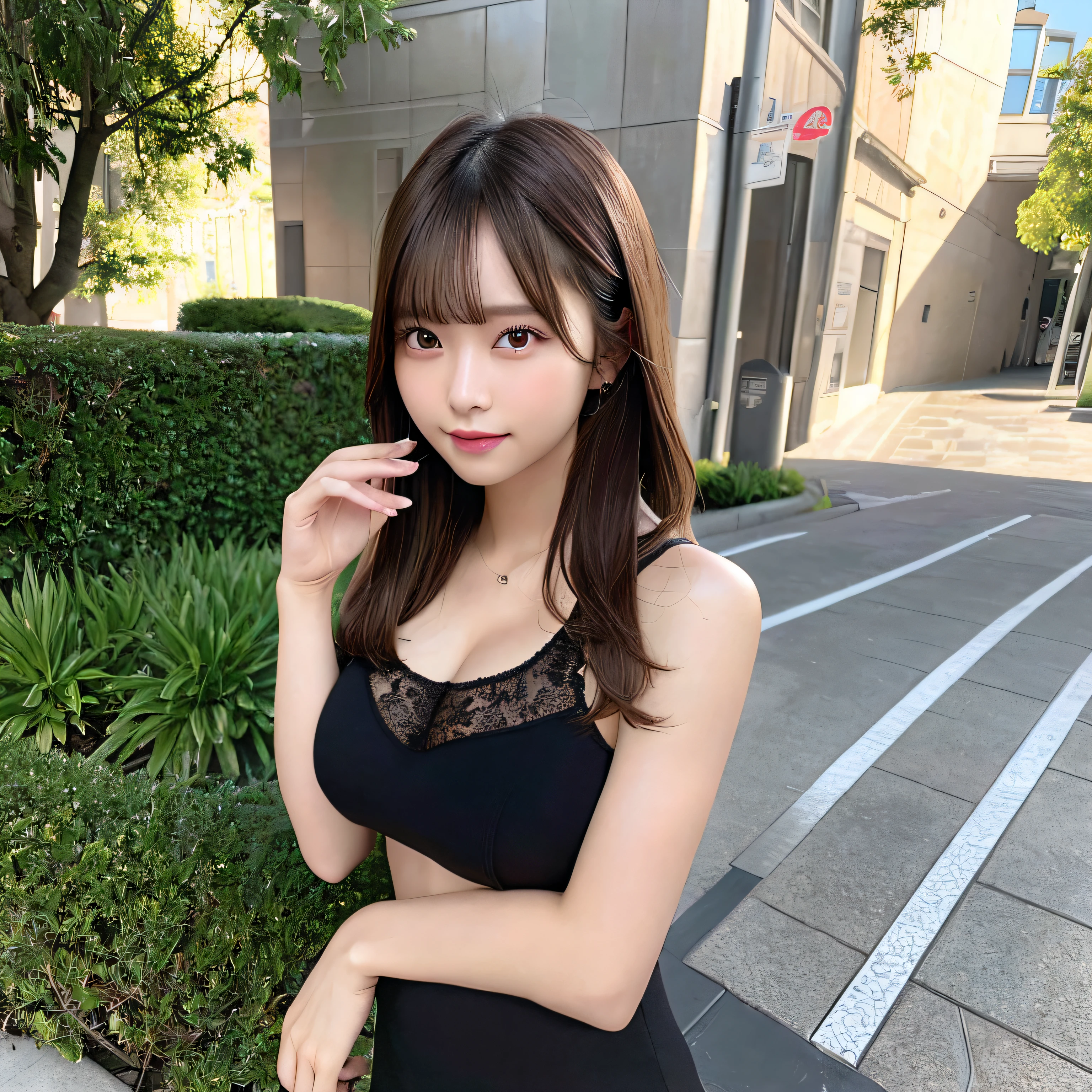 (8K、Raw photography、top-quality、masterpiece:1.2)、The ultra-detailliert、Hyper-Resolution、(realisitic、photos realistic:1.37)、portlate、High detail RAW color photos、professional photograpy、highly detailed and beautiful、ighly detailed、8k wallpaper、Amazingly detailed、huge filesize、Official art、the Extremely Detailed CG Unity 8K Wallpapers、Very detailed beautiful girl、extra detailed face、extremely detailed eye、highlydetailed skin、 extremely detailed fingers, highly detailed nose, highly detail mouth, perfect anatomia, highly detailed back ground, Very detailed clothes, 1womanl, (20:1.2), in her 20s, prety woman, Realistic body, 小柄, fair white skin, glistning skin, Slim body, Handsome body, Brown hair, shorth hair, (bangss:1.2), A smile, cute little, zora々Right, cute face, Lifelike face, Delicat eyes, drooing eyes, Black Suit, 耳Nipple Ring, looking at the viewers, facing the front there、Standing posture、Contrapo、动态照明、very Bigger breasts、