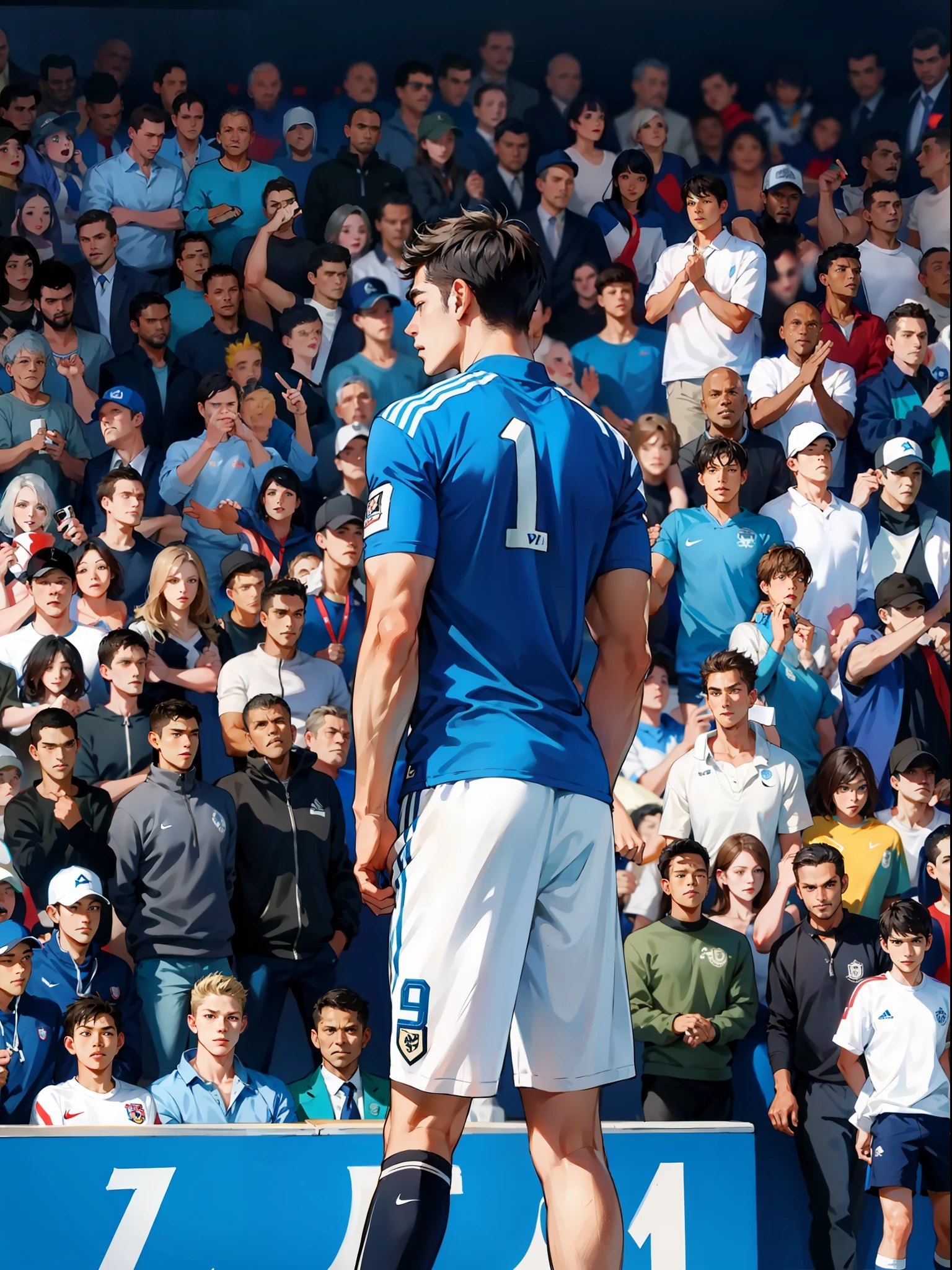 A soccer player stands on the soccer field, Turn his back to the camera,Wearing number 10 blue shirt,In the distance are spectators in the stands