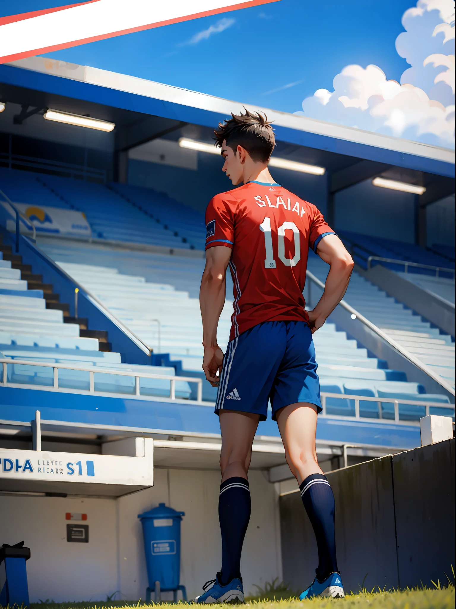 A soccer player stands on the soccer field, Turn his back to the camera,Wearing number 10 blue shirt,In the distance are spectators in the stands