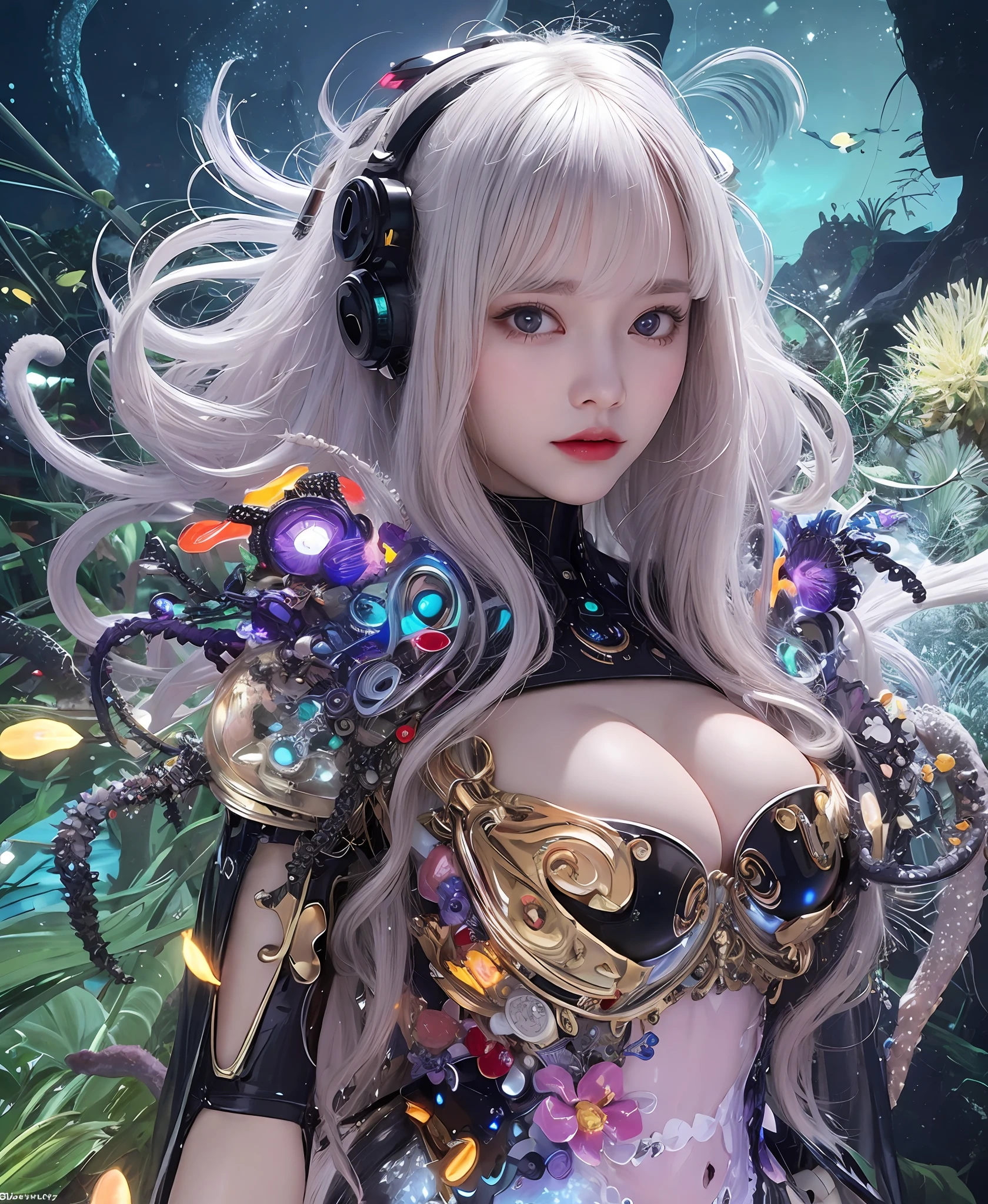 white  hair、long fluttering hair、strong breeze、a purple eye、Luminous Eyes、Mollusk girl、Colossal tits、The face and chest are alive、Cleavage is visible。photoRealstic、portfolio、Biotech Cyborg、Gothloli details、Tentacles clinging to the body、tentaculata、Detailed biocomponents、Bundle of thin tubes、sea anemones、Nudibranch、Luminous tube、Detailed neon、Fine LED、Fine parts