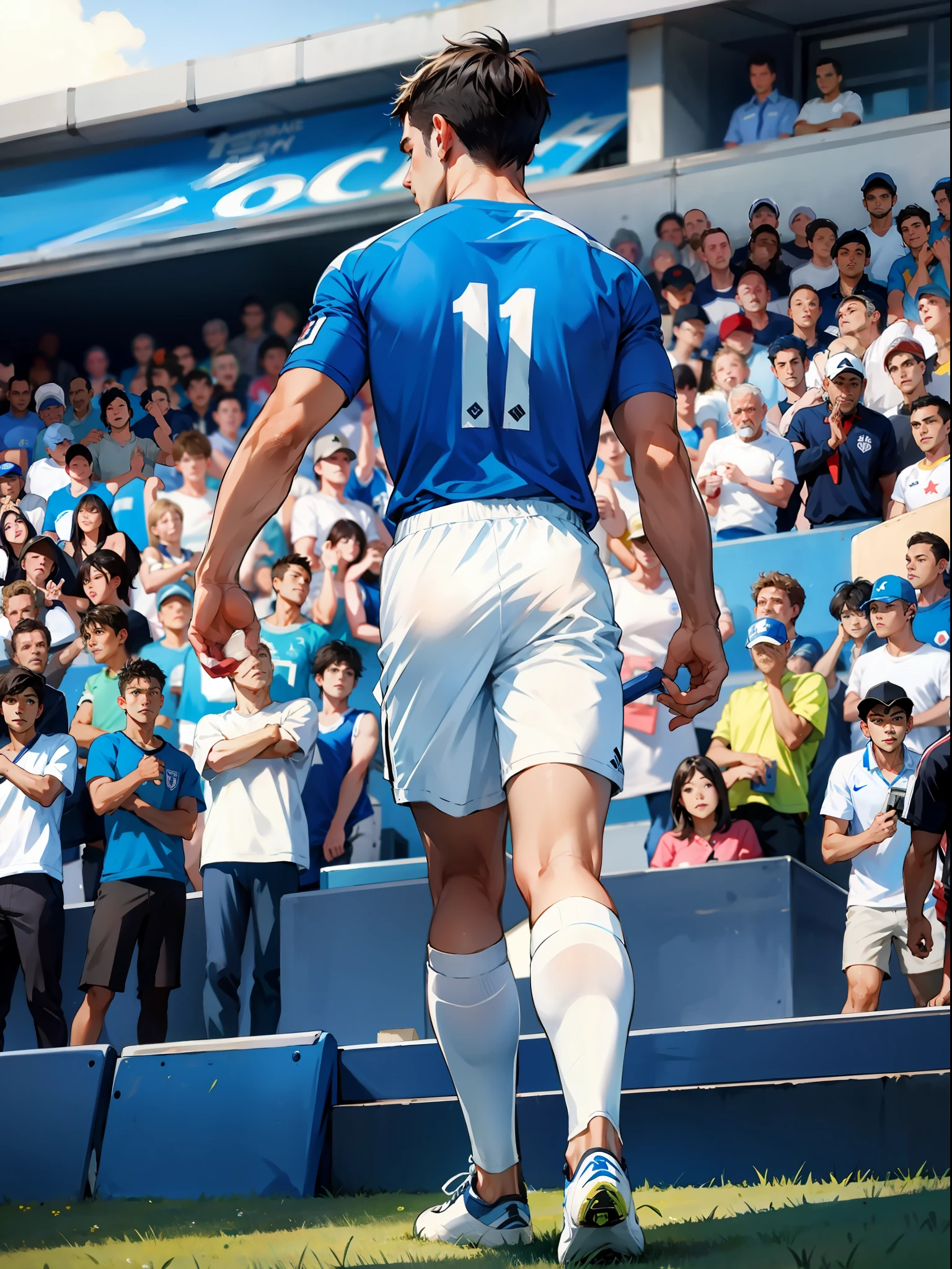 A soccer player stands on the soccer field, Turn his back to the camera,Wearing number 10 blue shirt,In the distance are spectators in the stands