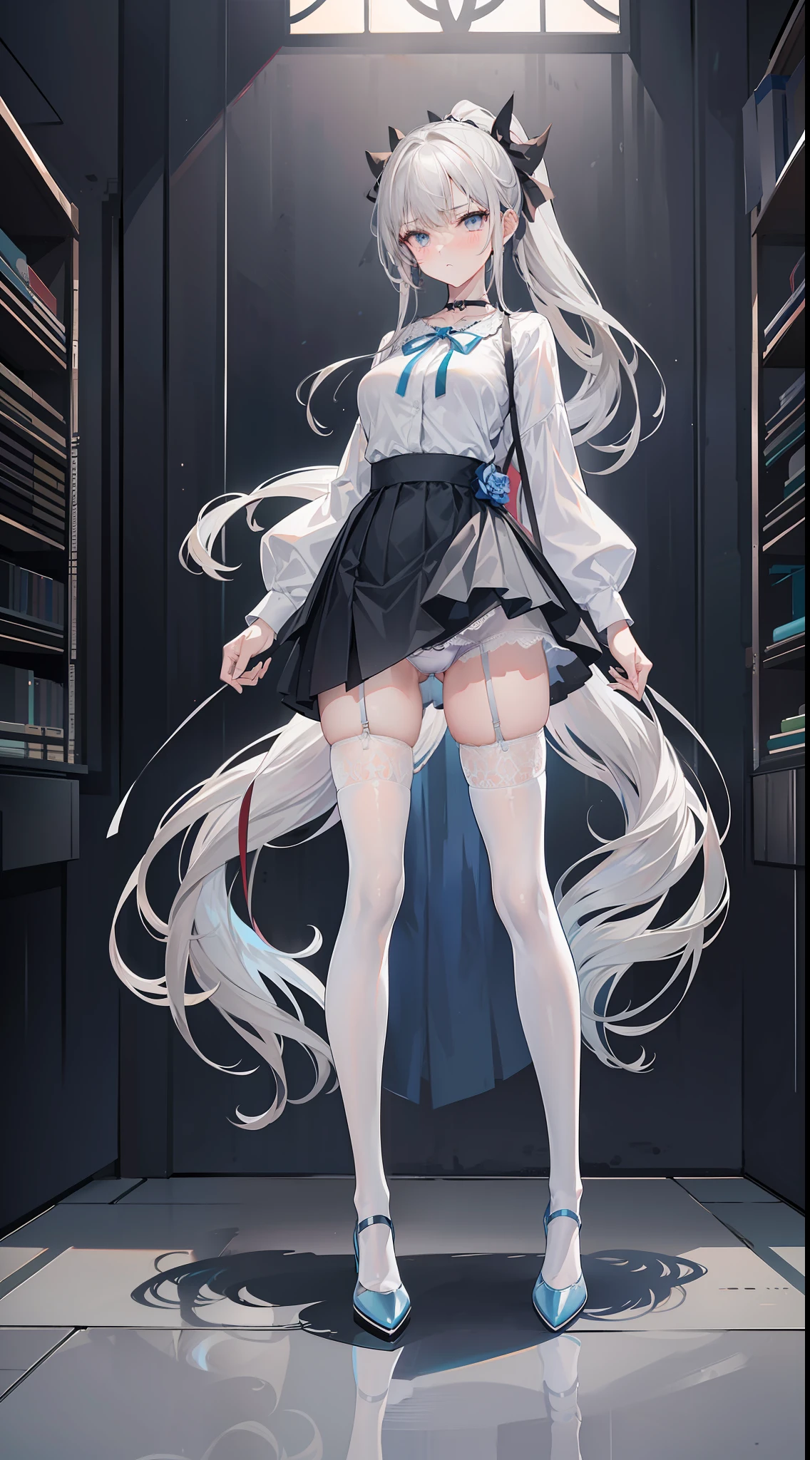 (((Best quality))), ((ultra - detailed)), (In the office), (highly detailed CGillustration), ((Very fine and beautiful)),Mature and beautiful,flustered, full blush, view the viewer,Ultra-detailed CG,Exquisite facial features,Clear facial expressions,Detailed digital anime art,Digital anime art,High quality anime art style, (Masterpiece), Best quality, Perfect face, ((1girll)), Mature woman, Leaning forward, ((Very long gray hair:1.5)), High ponytail, extremely giant breasts, Hanging breasts, cleavage, Narrow waist, ((ribbon:1.2)), Wearing glasses, ((Superskirt:1.5)), choker necklace, Very small shirt, Transparent shirt, ((Powder blue dress:1.3)), ((The skirt was blown away)), ((Mini tight skirt: 1.5)), ((full body:1.5)), High heels, Garters, ((Lace stockings:1.2)), ((Long and slender legs)), Beautiful legs,Erotic,Seductive pose, ((show underwear, Show panties:1.2)),accidental exposure, Expose breasts,((standing:1.2)), (Open legs:1.2), ((Front Shooting)), Slender figure,(nurses uniform:1.5), waist-up, ta