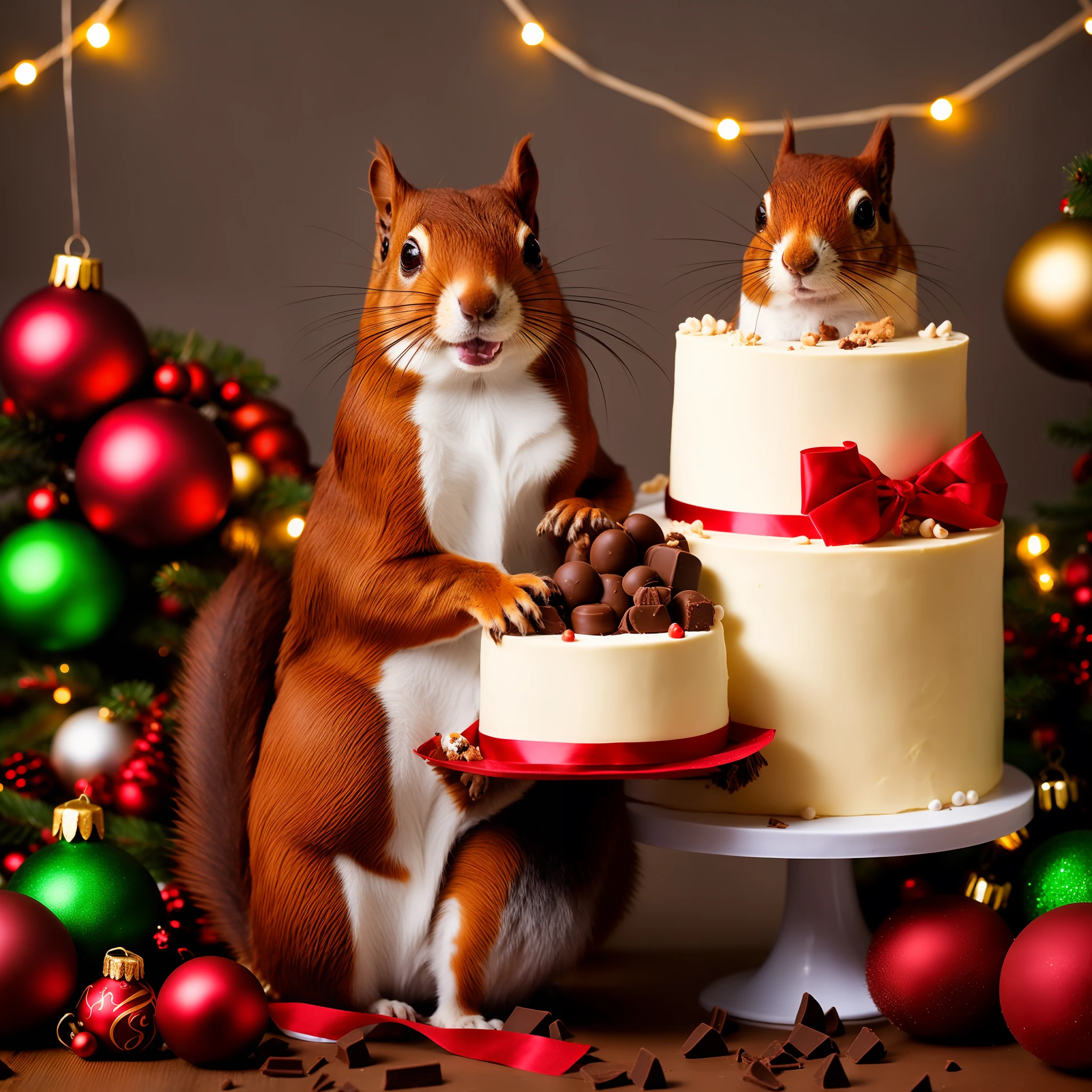 Chocolate squirrel with Christmas decorations and cake on the table, A hyper-realistic, Chocolate art, Award-winning pet photography, festive, by Aleksander Gierymski, portrait shot, Portrait, by Jakob Gauermann, Yitzhak Holtz, ultra realistis, detailed portrait shot, Sanders skirt, Large portrait, Sculpted from candy, Fully decorated