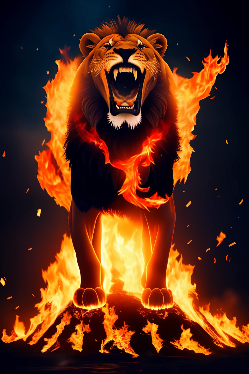 A lion coming out of the flames of fierce fire roaring and blood coming out of its mouth