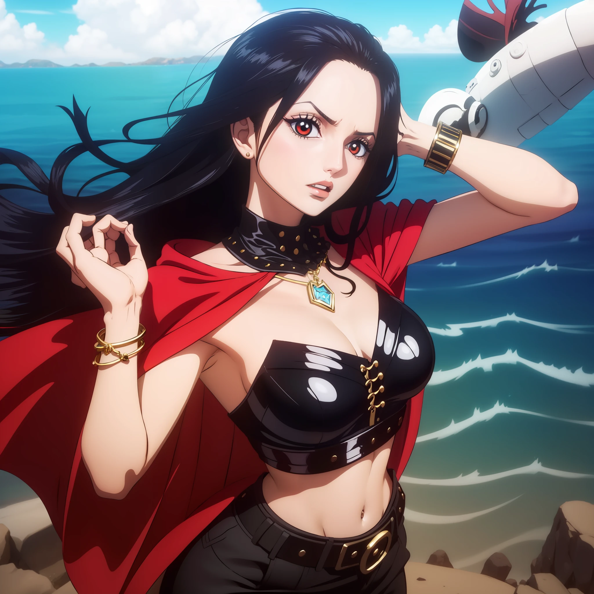 melhor qualidade, Girl long hair black dress long red cape breasts medium belt black bright red eyes, cabelo preto, colar, pose fofa, black collar high black pants, angry expression at the corner of his mouth, pose de lado, batom vermelho na boca, dentro de um navio, em alto mar, mar atras, Olhos vermelhos, cabelo curto pretos, olhos vermelhos brilhantes, pirata, navio de pirata, Pose para foto, com uma katana, segurando um livro, arqueologa colar, bracelete, usando oculos de arqueologa, boa hancok Cobra amarela pose sexy
