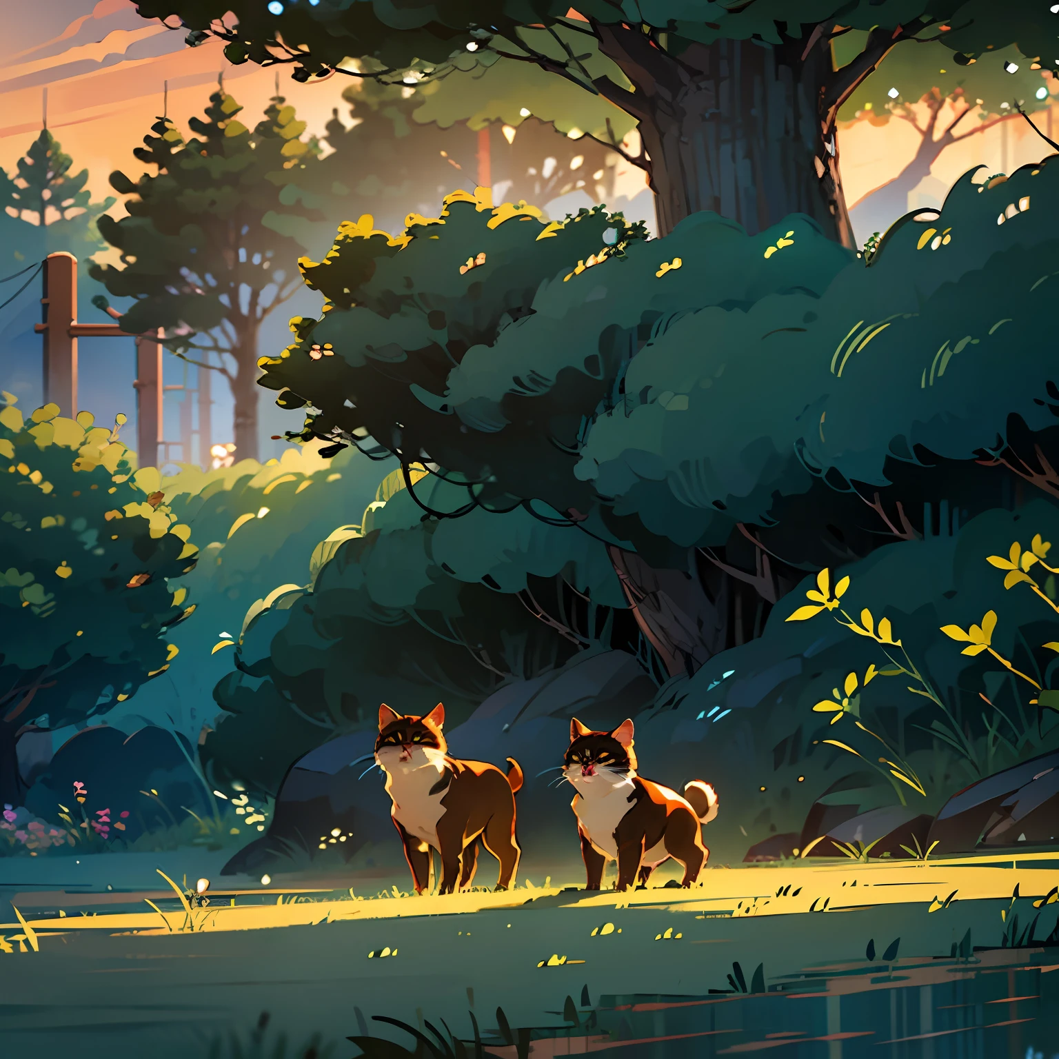 Tanuki cat,down and out,Walk in the afterglow of the setting sun,Back Shadow,Walk on the grass,light wind,sad --auto