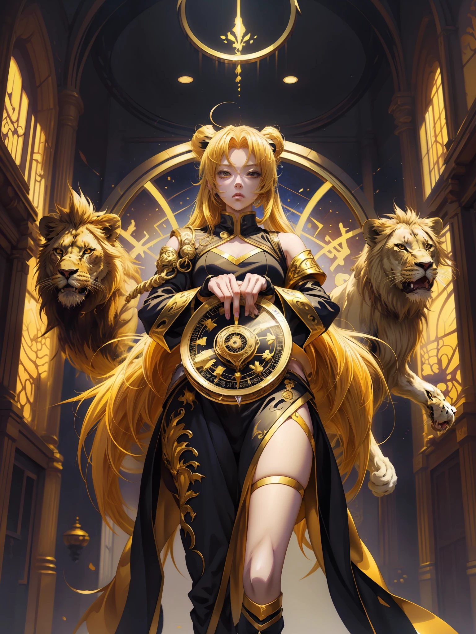 A stunningly beautiful magical golden Leo astrolabe painting of a yellow-haired girl with a lion next to her, anime style 4 k, anime art wallpaper 8 k, anime art wallpaper 4 k, anime art wallpaper 4k, detailed digital anime art, anime fantasy artwork, anime fantasy illustration, by Yuumei, beautiful anime artwork, onmyoji detailed art, 4k anime wallpaper