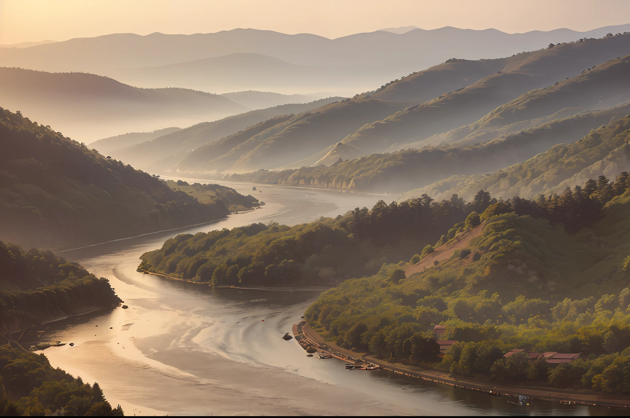 best quality, masterpiece, highres, shuimobysim, wuchangshuo, bonian, zhenbanqiao, badashanren, mountainous horizon, river, forest, village, sunset, ,