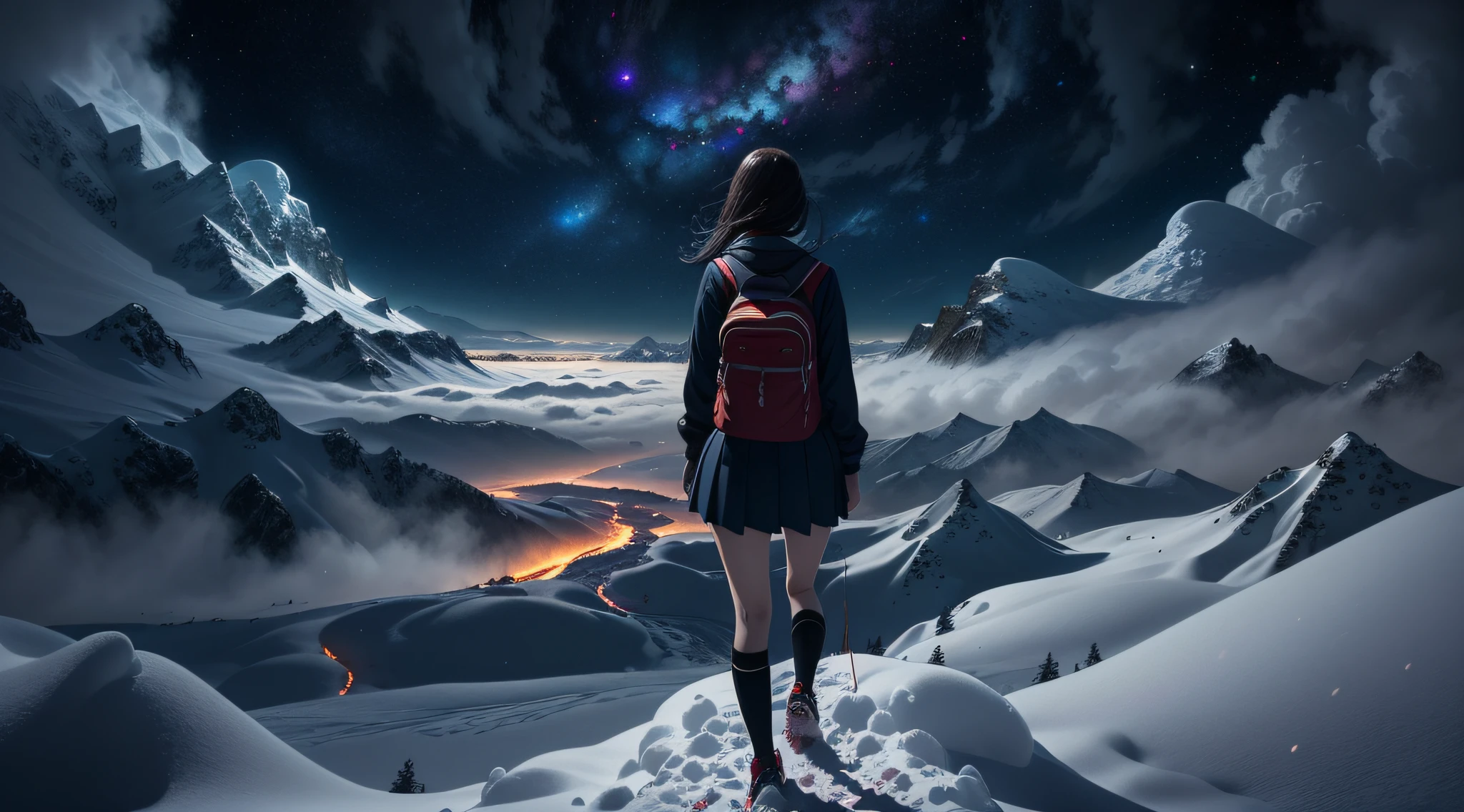 (masterpiece), (best quality), (ultra-detailed), (Amazing:1.1), 12mm f2.8 lens, beautiful midnight view, starry skies fantasy, The view from the top of the mountain, the sea of clouds, can see the sea in the distance, ((((full body), back shot, climbing))), ((((A high school girl with a full body back shot in the deep snow mountain)))), (((((without looking at me))))), ((A beautiful high school girl lost in a surreal world of dreamlike landscapes)), (r old), (((deep snow mountain))), A high school girl who goes on a road without a road, wind flow, flowers bloom, flying lands in sky, (((wearing simple school uniform))), black hair, 8 life size, detailed hairstyles, detailed bodyline, (((fantasy))), frontier, surrealism, (magnificent space), concept art, raw, wallpaper, poster, sharp focus, hyperrealism, crystalline, perfectionism, 4k UHD,