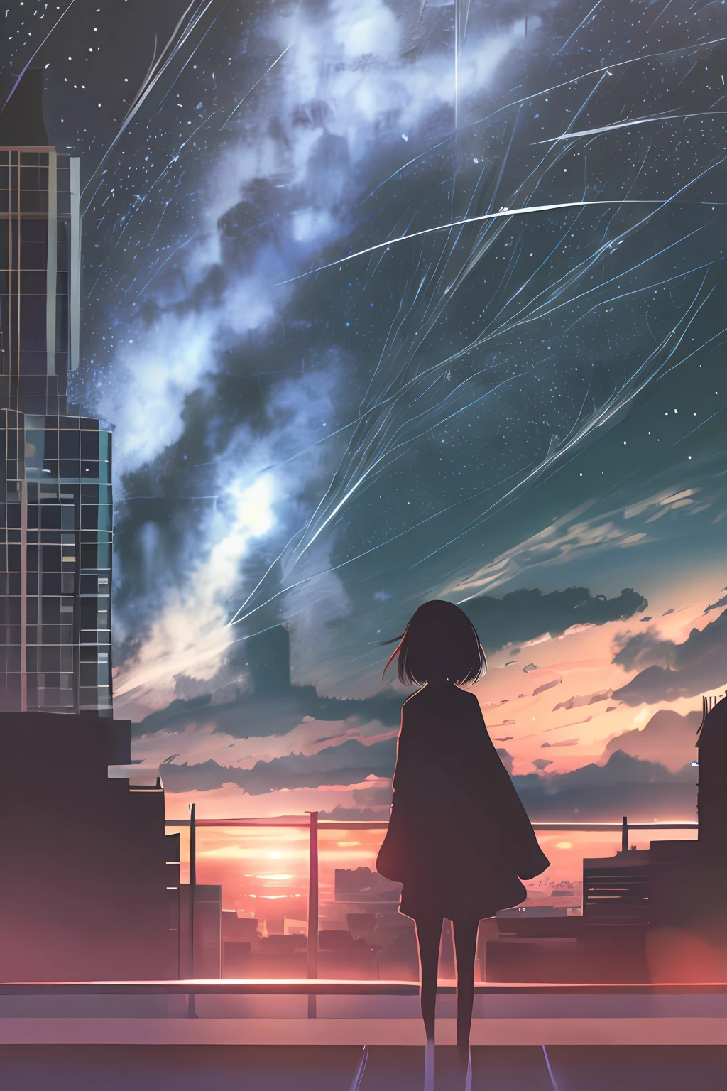 anime,silhouette,1girl, star (sky), cloud, cityscape, building, city, outdoors, skyscraper, city lights, night, night sky, sunset, skyline