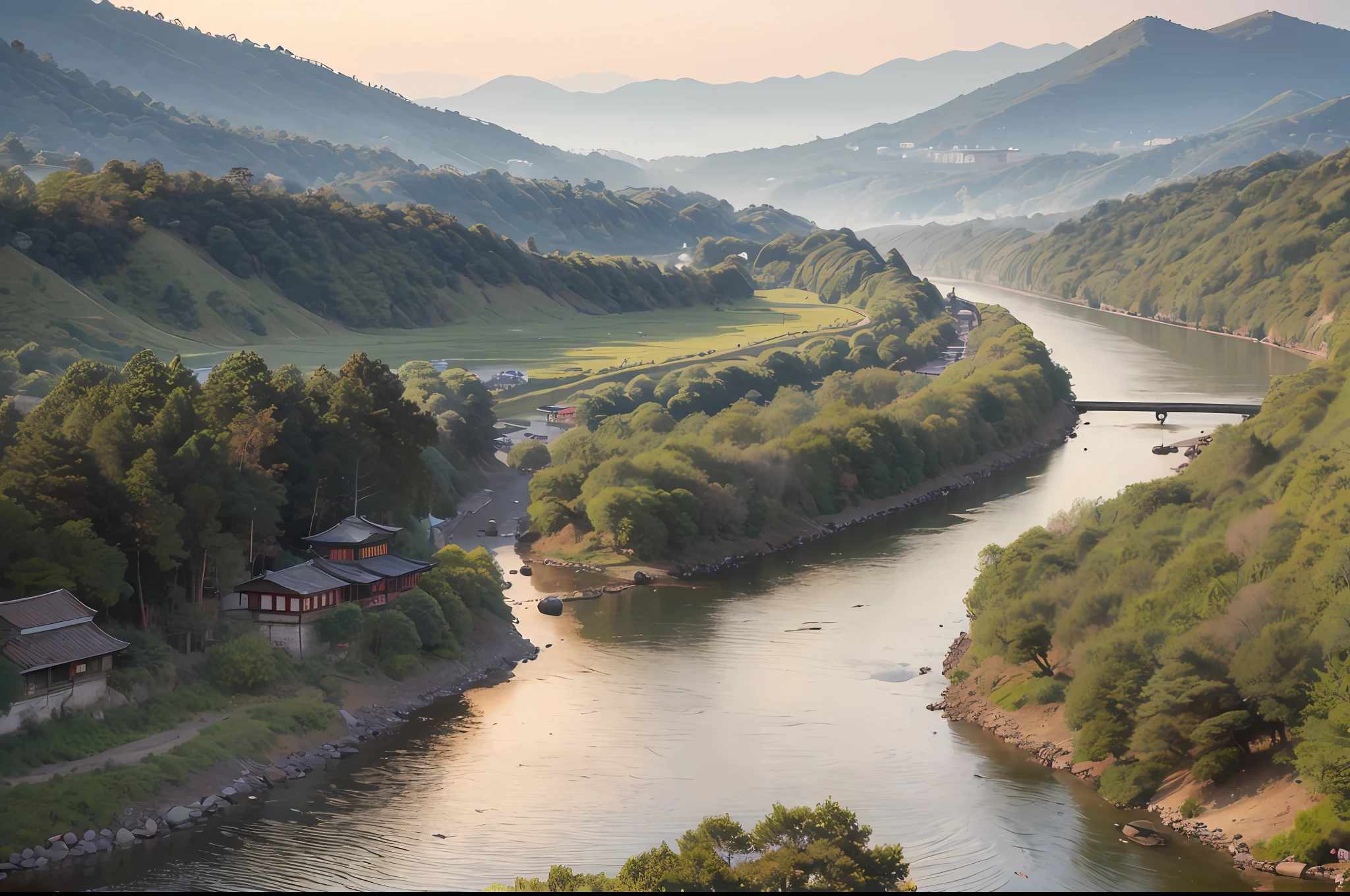 best quality, masterpiece, highres, shuimobysim, wuchangshuo, bonian, zhenbanqiao, badashanren, mountainous horizon, river, forest, village, sunset, ,