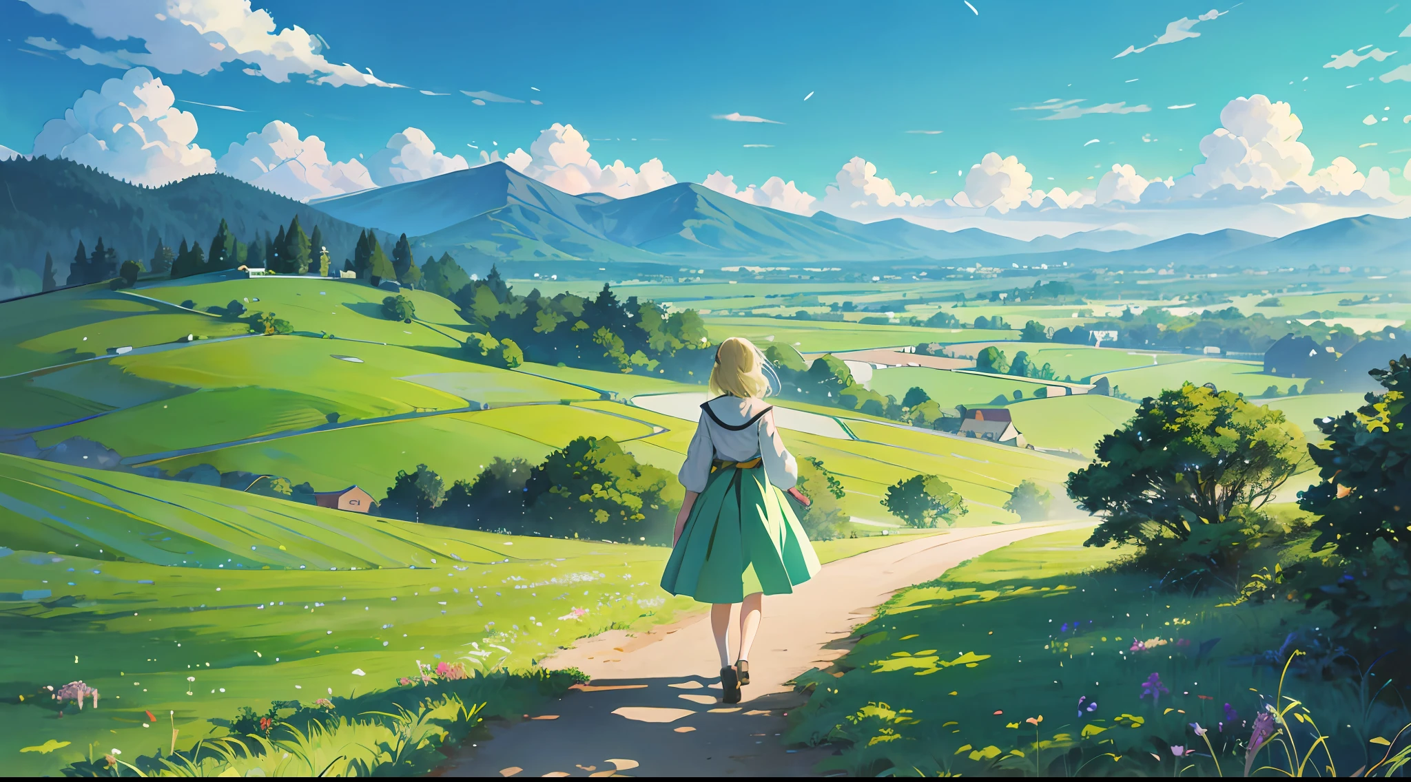 anime scene of a woman walking down a path in a green field, anime countryside landscape, anime background art, anime scenery concept art, anime landscape, beautiful anime scenery, anime scenery, anime landscape wallpaper, background art, distant village background, painted in anime painter studio, anime nature, anime background, anime beautiful peace scene, scenery artwork, official art, anime background key visual anime scene of a woman walking down a path in a green field, concept art by Shitao, pixiv contest winner, conceptual art, anime countryside landscape, anime background art, anime scenery concept art, anime landscape, beautiful anime scenery, anime scenery, anime landscape wallpaper, background art, painted in anime painter studio, distant village background, anime nature, anime background --auto