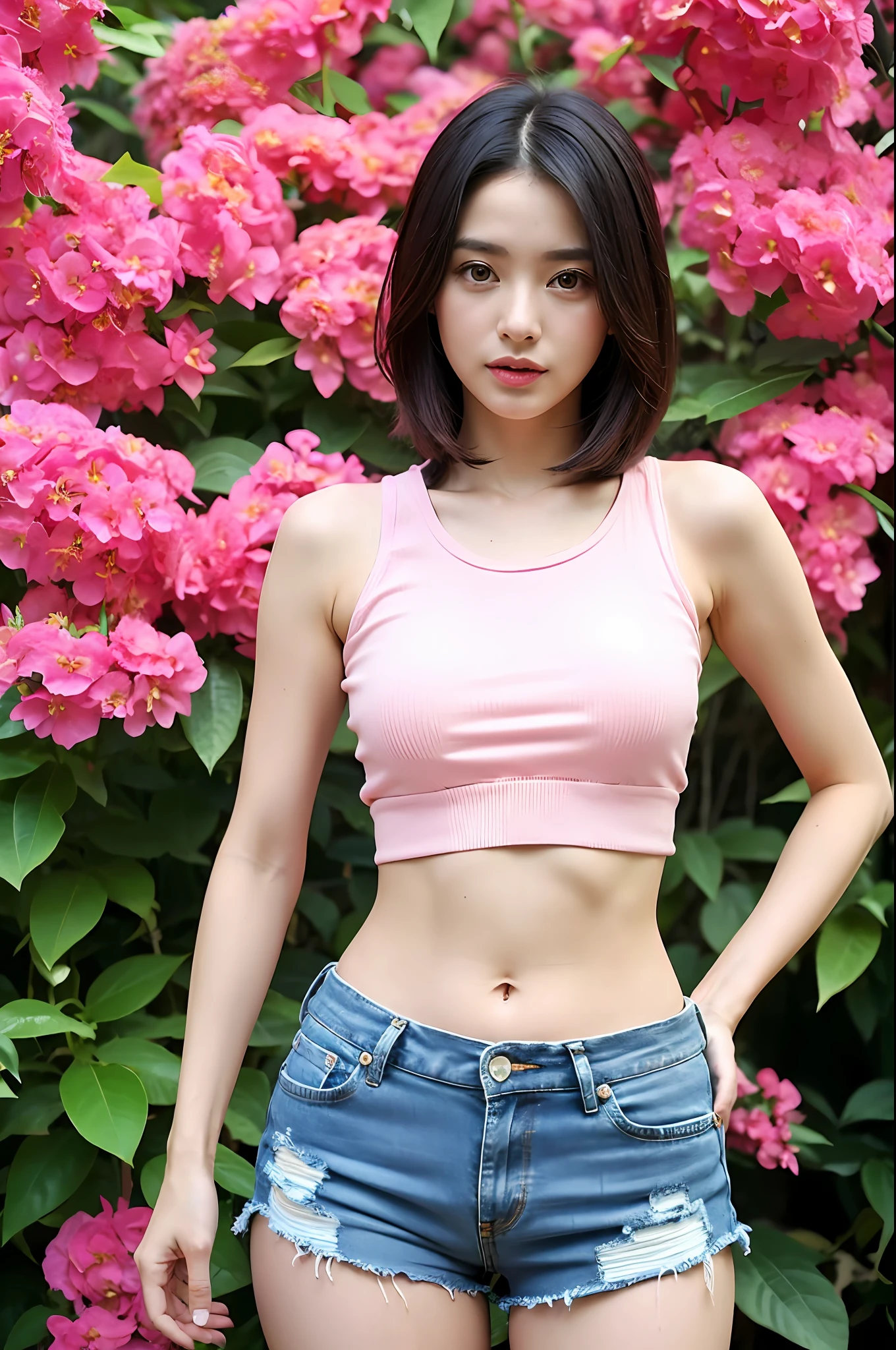 (extra detailed body、extra detailed face、best qualtiy:1.2)、femele、looking at the viewers、(white and very short tank top,、Soft fabrics、Very short denim shorts、Shabby denim shorts)、(pink bougainvillea chaos in the background:1.4) Navel out