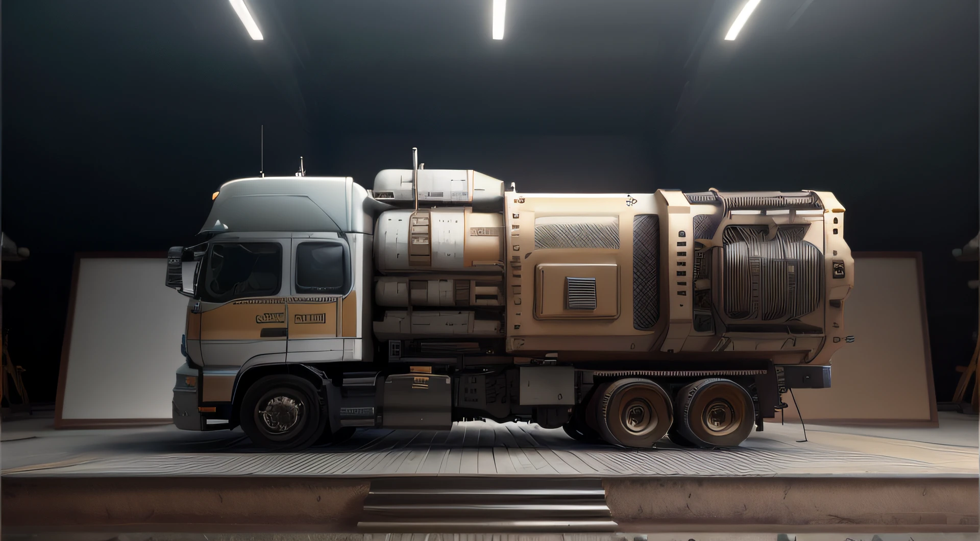 Truck digital art,High detail,4K,industrial design,White background,Studio lighting,steampunc,Futuristic,Concept truck,Cyberpunk,concept-art,Assembly,Octane rendering,surrealism,16k,surrealism,High detail (Masterpiece:1,2), Best quality, Masterpiece, A high resolution, Original, extremelydetailedwallpaper, Perfect lighting,(Extremely detailed CG:1.2), Drawing, paint brushes,