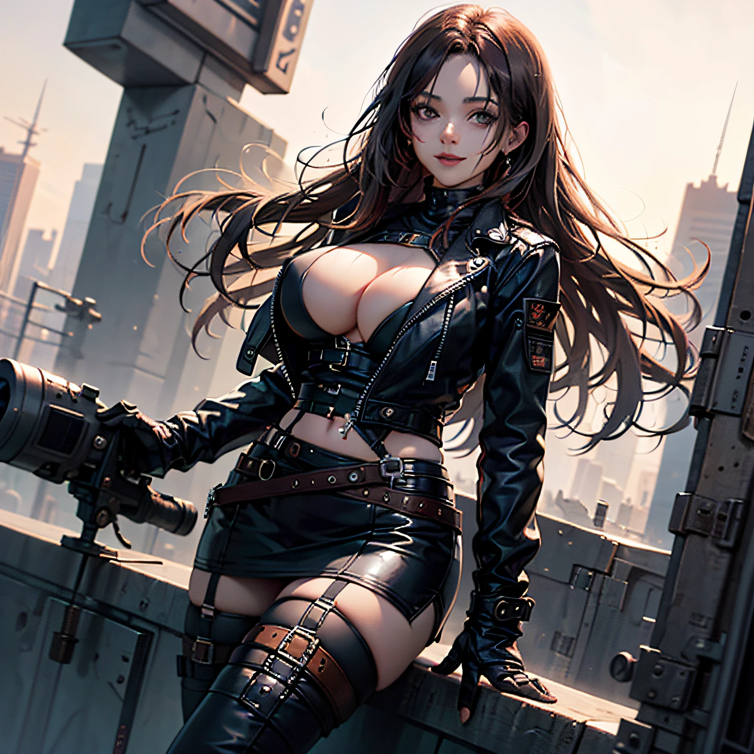 ，high high quality，beauitful face，1girll，Leather Tight Skirt，Oversized leather jacket，huge tit，long whitr hair，Wide buttock，（The landscape），the street，Background with，Background of details，Spooky smile，The corners of the mouth smile，Long jacket，The shirt，tiese，office  lady， --auto