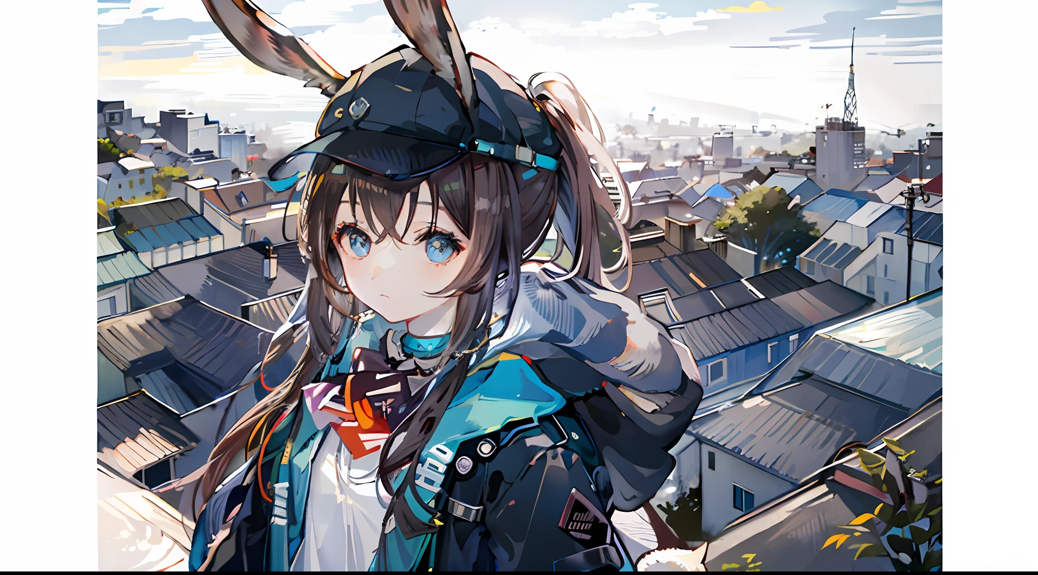 1girl, animal ears, rabbit ears, straight-on, upper body, looking at viewer, brown hair, ponytail, expressionless, badge, bangs, blue baseball cap, detailed eyes, clothes writing, white clothes, hood, hood down, standing, long sleeves, closed mouth, (blue skirt:1.05), solo, (light blush:0.9), bare tree, building, city, cityscape, day, outdoors, street, tokyo \(city\), tree