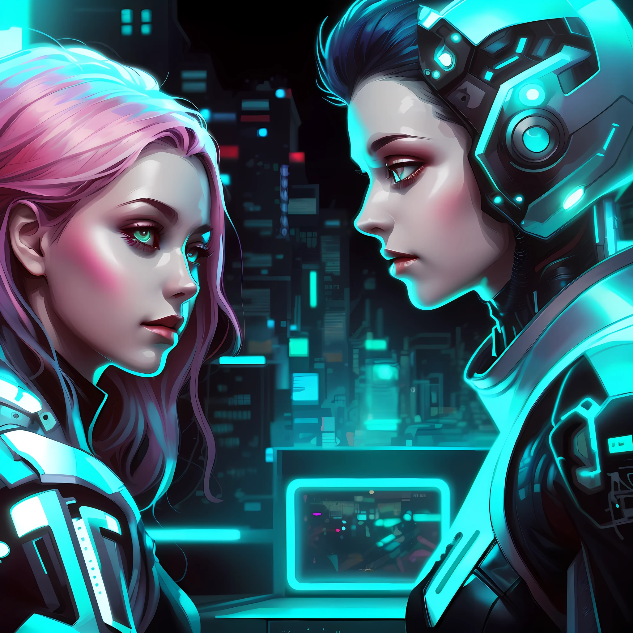 Couple of women in futuristic clothes, standing next to each other, beautiful sci - fi twins, advanced digital cyberpunk art, cyberpunk artstyle, futuristic art style, Cyberpunk women, digital cyberpunk anime art, sci-fi digital art, sci-fi digital art illustration, Alena Aenami and Android Jones, cyberpunk themed art, futuristic cyberpunk, detailed sci-fi art