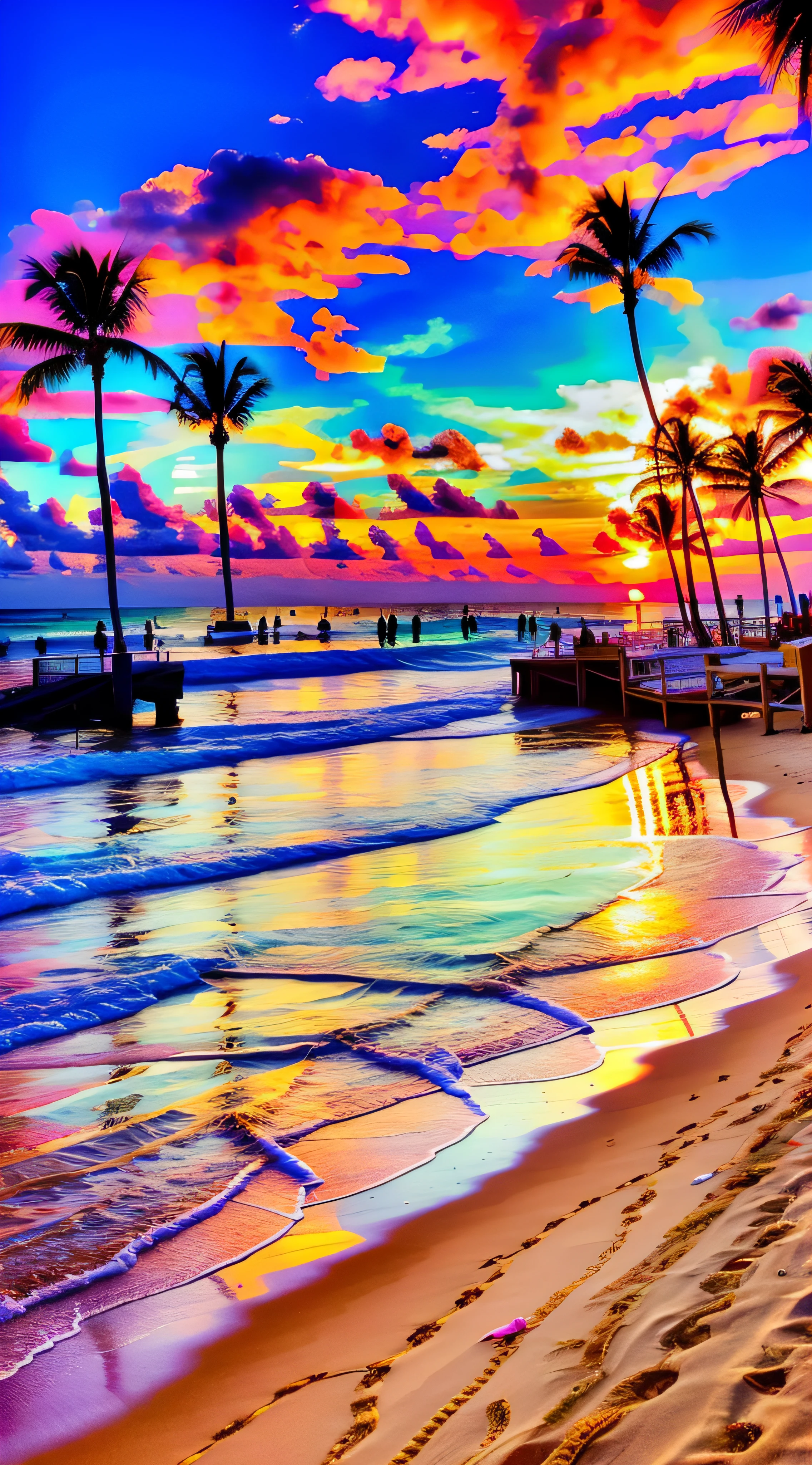 An absolutely mesmerizing sunset on the beach, with a mix of orange, pink, and yellow in the sky. The water is crystal clear, gently kisses the coast, and the white sand is endless. The scene is dynamic and breathtaking, with seagulls soaring high in the sky and palm trees swaying softly. Immerse yourself in the calm atmosphere and let the serenity surround you.