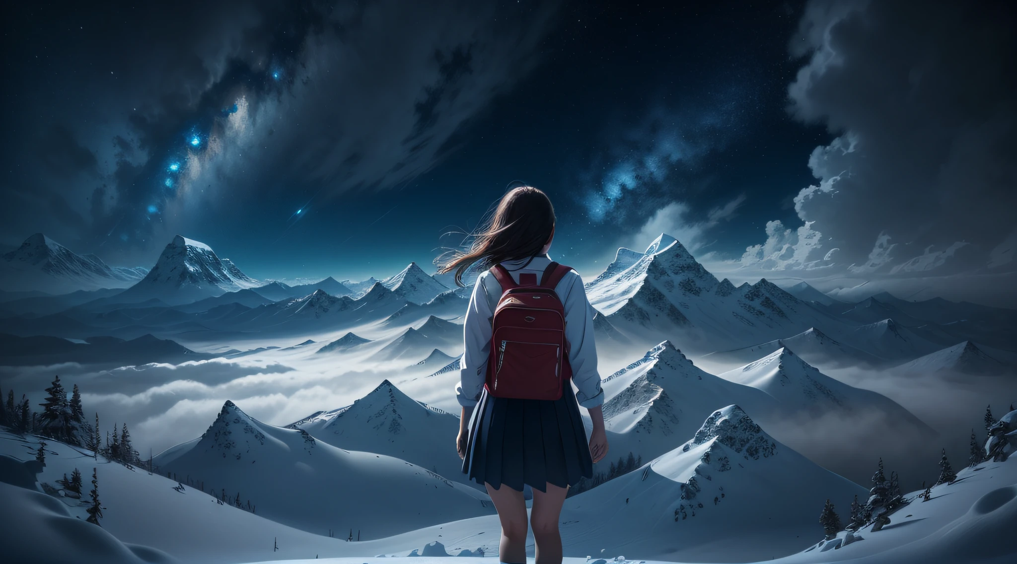 (masterpiece), (best quality), (ultra-detailed), (Amazing:1.1), 12mm f2.8 lens, beautiful midnight view, starry skies fantasy, The view from the top of the mountain, the sea of clouds, can see the sea in the distance, ((((full body), back shot, climbing))), ((((A high school girl with a full body back shot in the deep snow mountain)))), (((((without looking at me))))), ((A beautiful high school girl lost in a surreal world of dreamlike landscapes)), (17 yr old), (((deep snow mountain))), A high school girl who goes on a road without a road, wind flow, flowers bloom, (((wearing simple school uniform))), black hair, 8 life size, detailed hairstyles, detailed bodyline, (((fantasy))), frontier, surrealism, (magnificent space), concept art, raw, wallpaper, poster, sharp focus, hyperrealism, crystalline, perfectionism, 4k UHD,