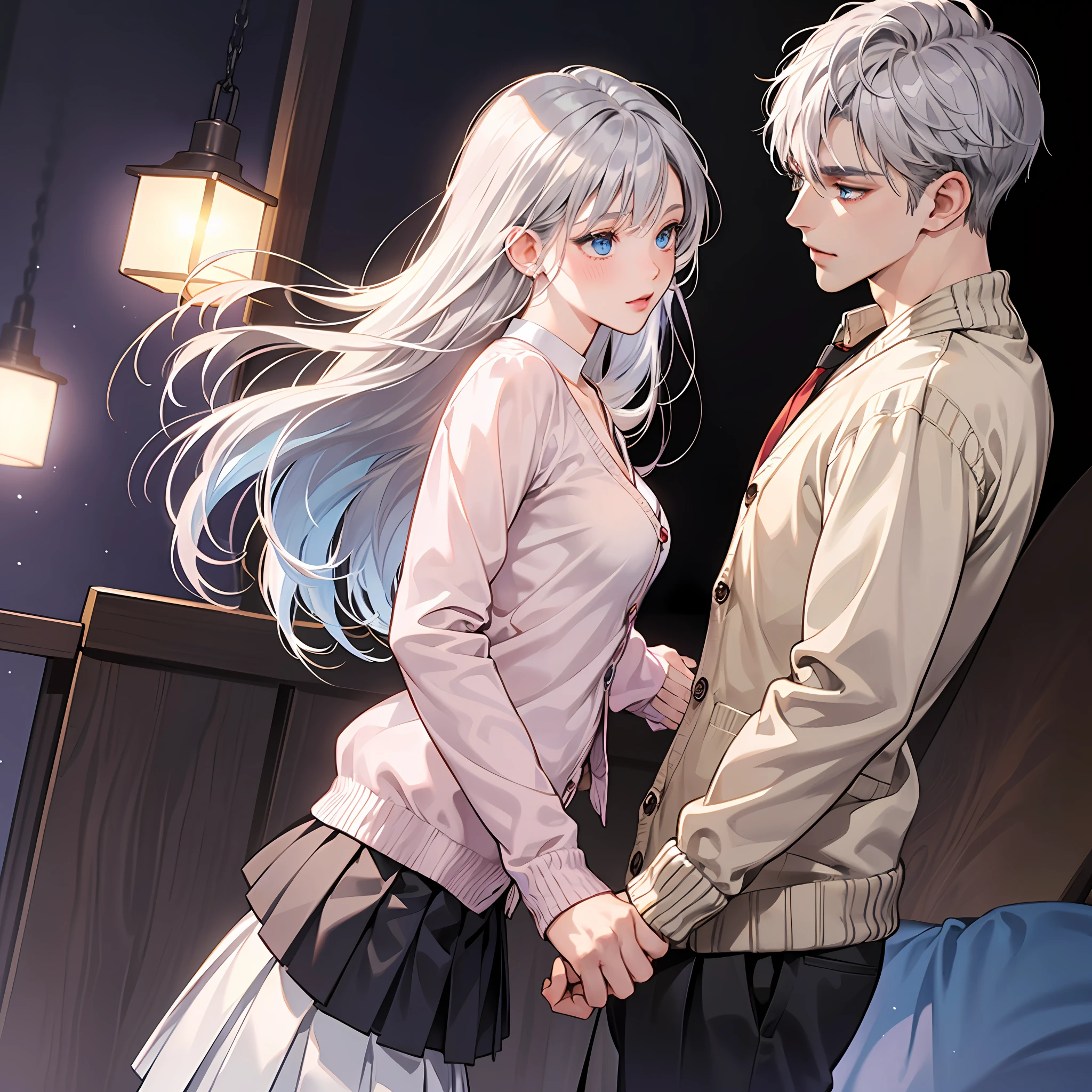 {{{masterpiece}}}, {{{best quality}}}, {{ultra-detailed}}, {illustration}, {{an extremely delicate and beautiful}},super detailed skin,1 male and 1 female,(male:1.5),a female in her 20s,dark skin,(dark skin:1.5),silver hair,(silver hair :1.5),female bob hair,(female bob hair:1.5),shiny hair,medium breast,(medium breast:1.5),slit eyes(slit eyes:1.5),blue eyes,(blue eyes:1.5),a male in his 20s,male silver hair,(male silver hair:1.5),male long hair,(male long hair:1.5),male dark skin,(male dark skin:1.5),male lean,(male lean:1.5)couple,otome game,(otome game:1.5),female cardigan and white pleated skirt,(female cardigan and white pleated skirt:1.5),male purple shirt and black leather pants,(male pink shirt and black leather pants),cheek to cheek,from behind,dynamic angle,blush cheeks --auto