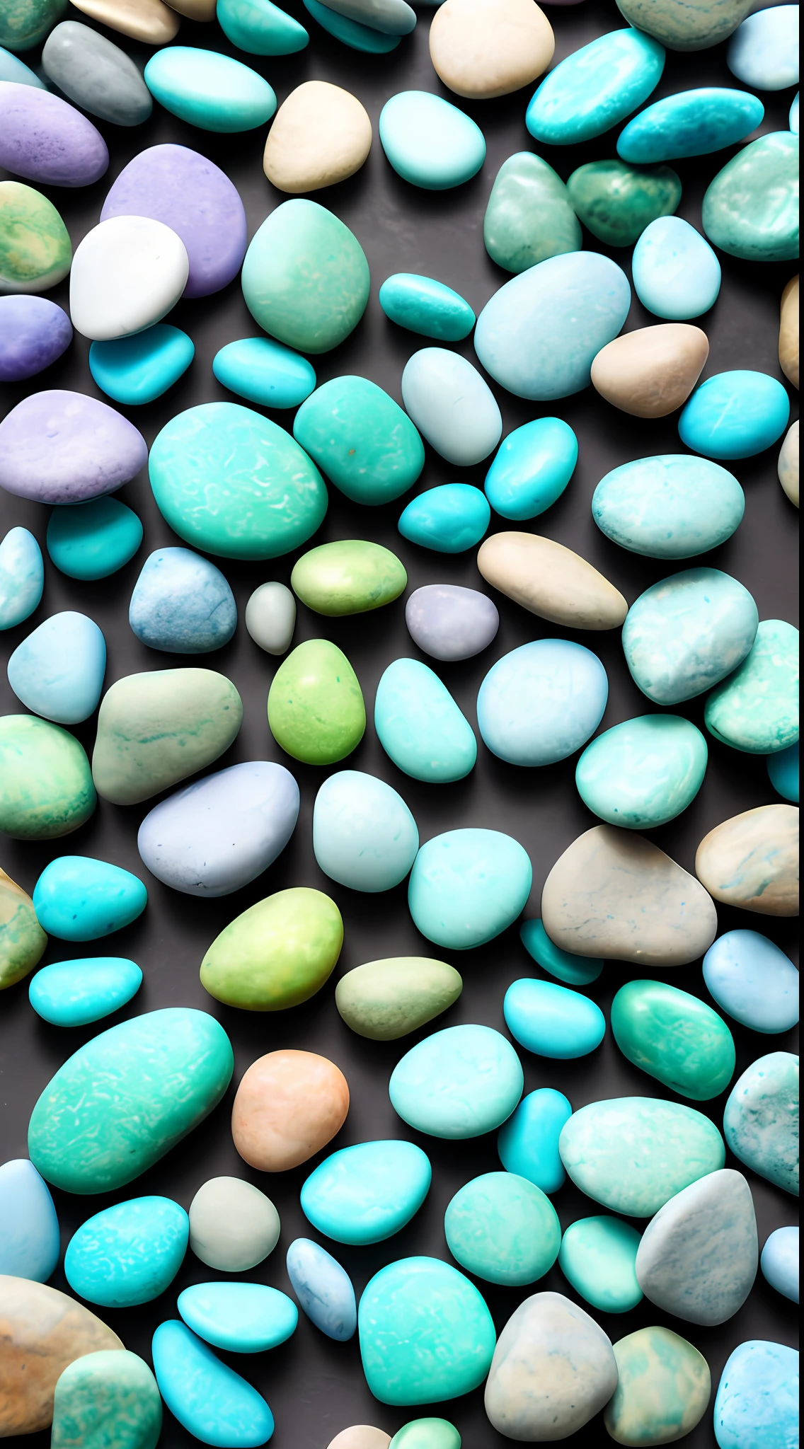 A series of soft pebbles, color drain, Light blue-green and light blue style, Turquoise and light white, Glowing colors, muted tones, Bold, smooth surfaces, 3840 x 2160, Flaky film, Aerial view , Rainbow colors --AR 150:109 -- Style primitives -- V 5.1