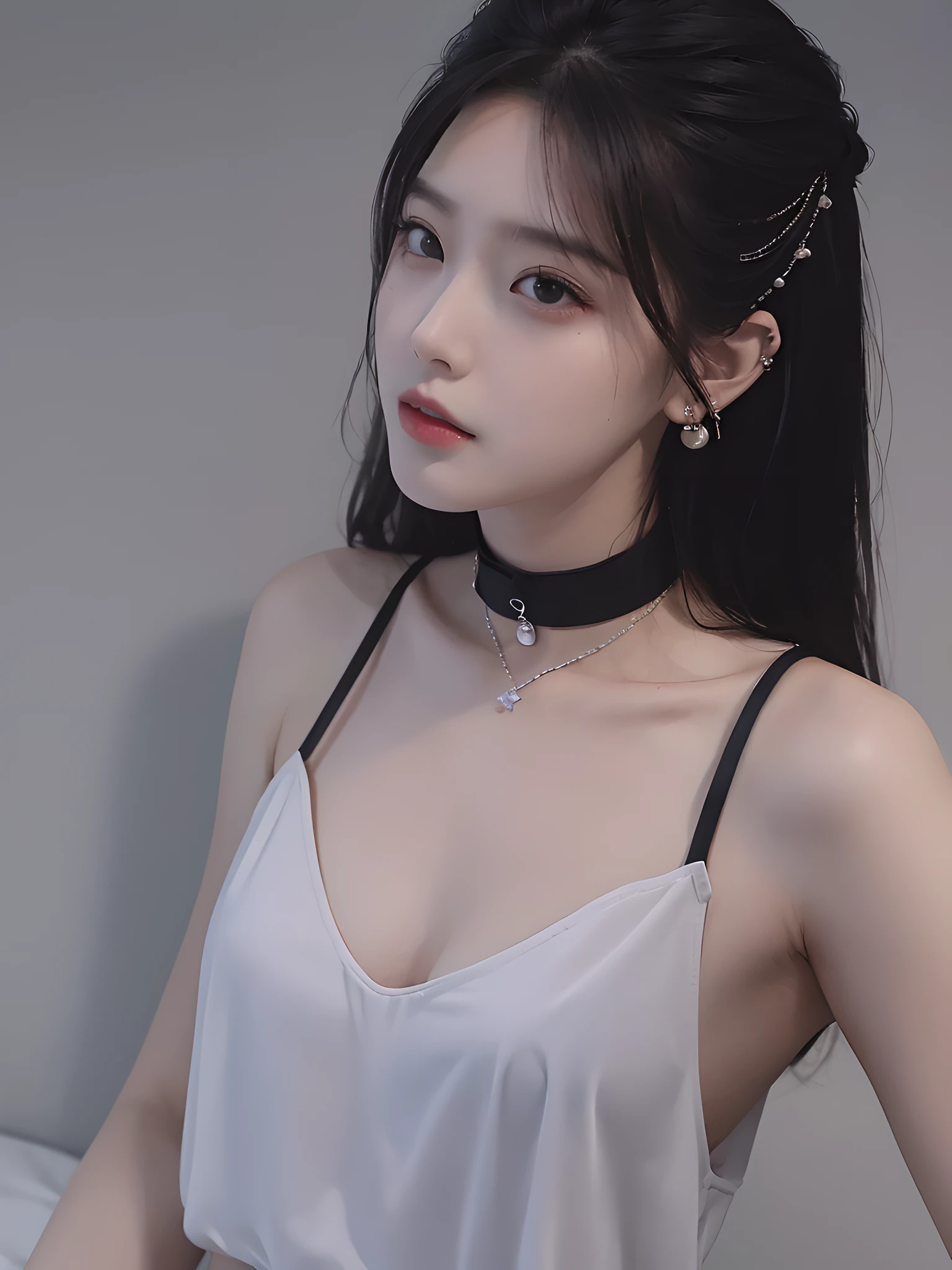 (best qualtiy,tmasterpiece,超高分辨率)(realisticlying:1.5)(1girll, bshoulders,darkly,deep shading,low tune,cold light,Sexy look, long whitr hair,choker necklace,耳Nipple Ring)