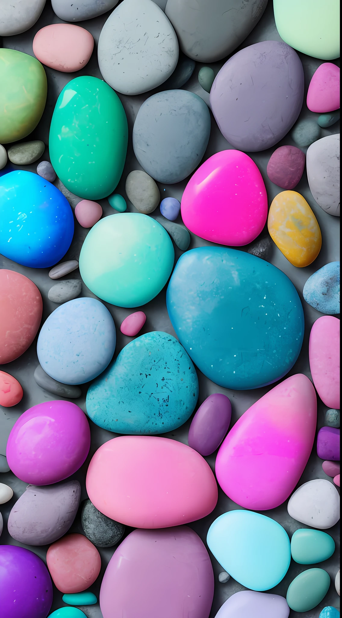 A series of soft pebbles, color drain, Light magenta and dark emerald, 3840 x 2160, Flaky film, Aerial view, Deep blue and aquamarine , Rainbow colors --AR 150:109 -- Style primitives -- V 5.1