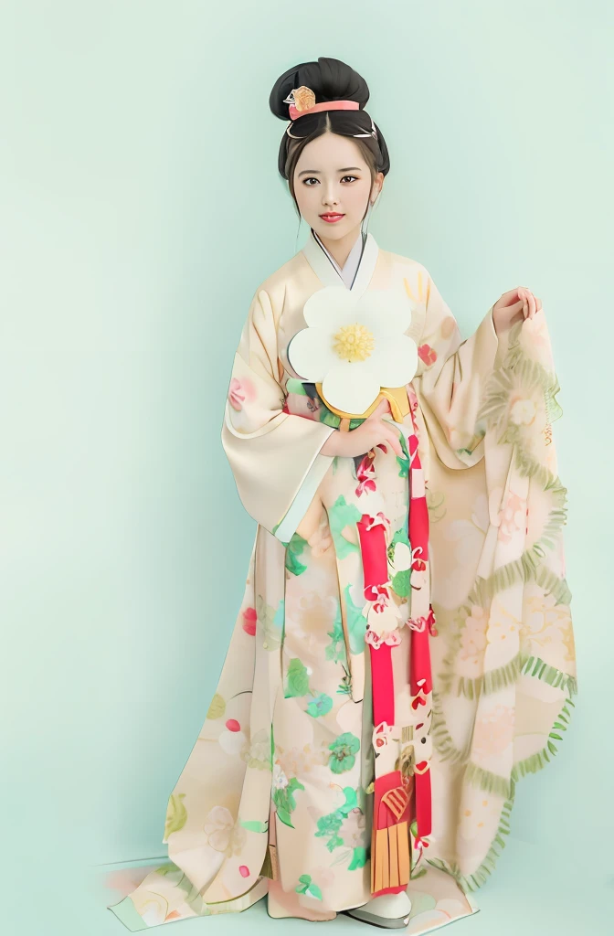 Close-up of a woman in a kimono holding a fan, Hanfu, Palace , A girl in Hanfu, White Hanfu, pale and coloured kimono, Wearing ancient Chinese clothes, Traditional Chinese clothing, with acient chinese clothes, Chinese costume, ancient asian dynasty princess, traditional japanese, Hanbok, inspired by Uemura Shōen, Chinese traditional