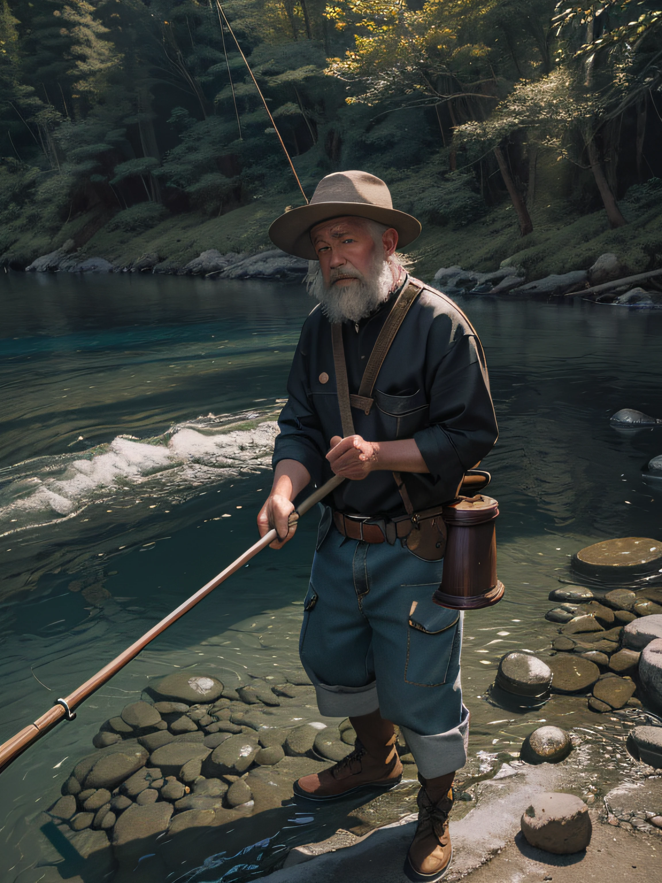 (RAW photos,4k,tmasterpiece,A high resolution,extremly intricate)(realisticlying:1.4),A man wears a fisherman's hat,Hunched over,In fishing,Pull firmly on the rod,A fish struggles,Fish bucket,Small riverside,Riverside stones,Forest in the distance