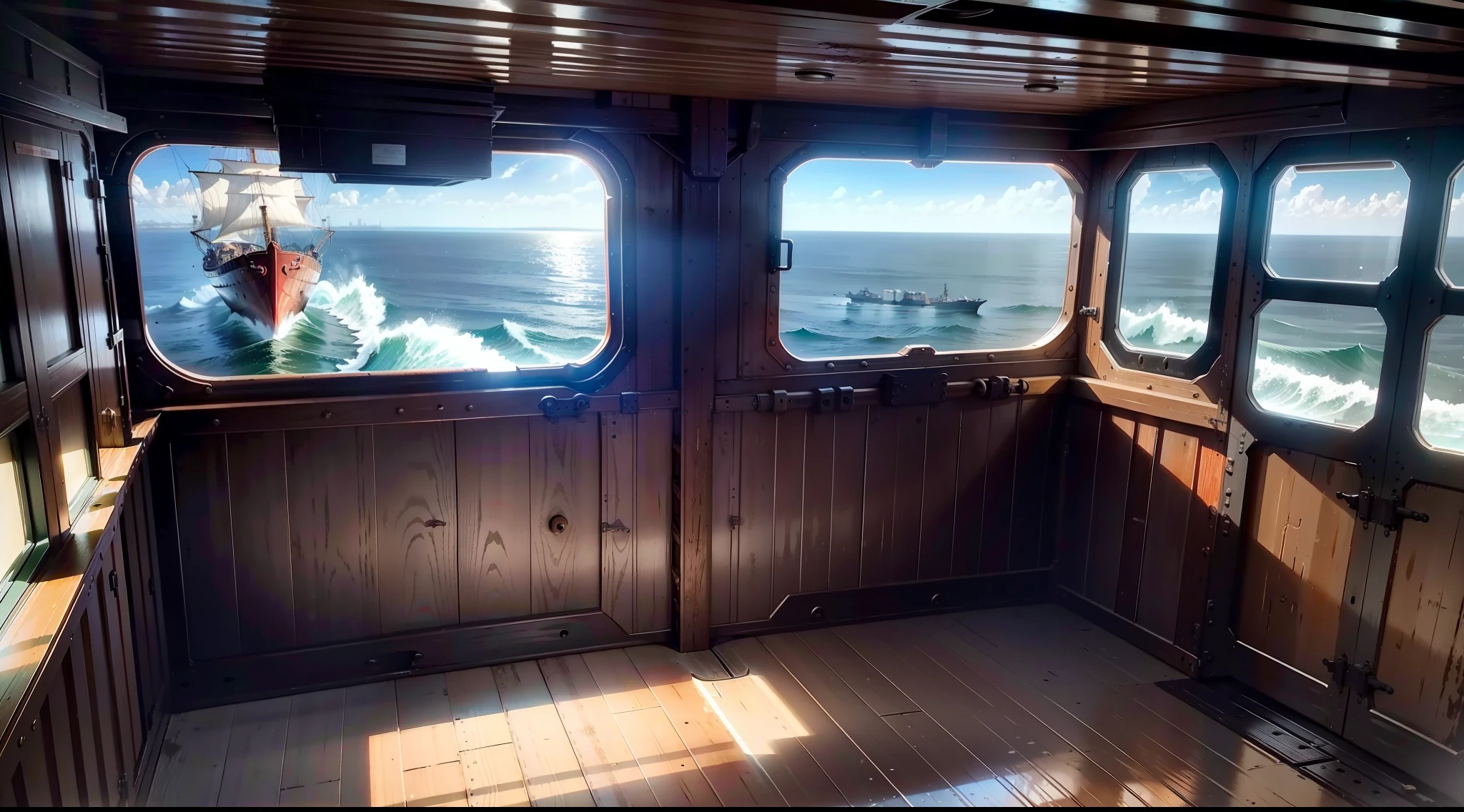 1860 year,Freighter,Extremely messy cargo hold,You can see the sea from the window,small window