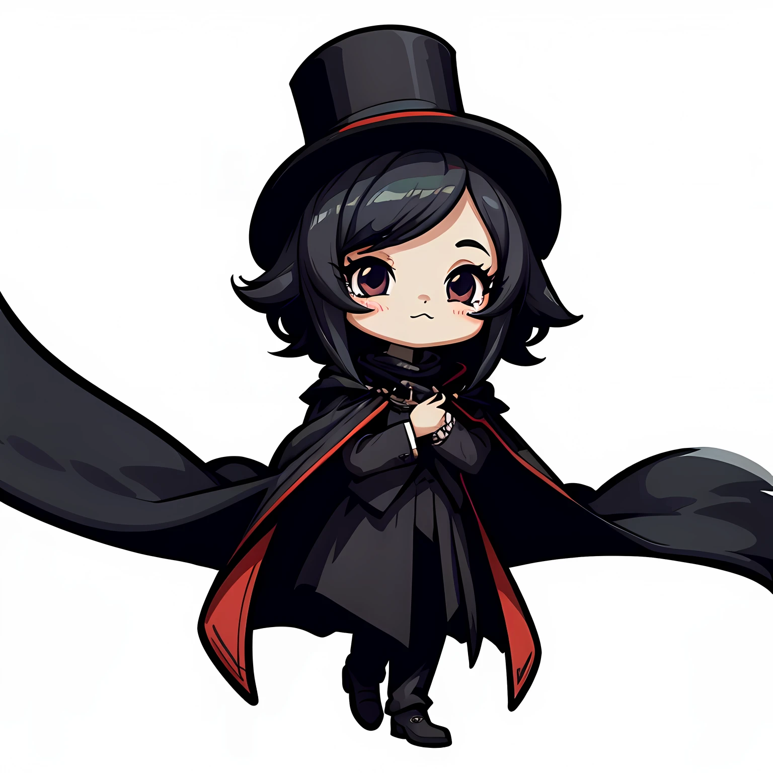 femele、She wears a black tailcoat、Black cloak、Top hat、White background、simple background、minimalistic、cute little、A tiny、vector image style、no gradien