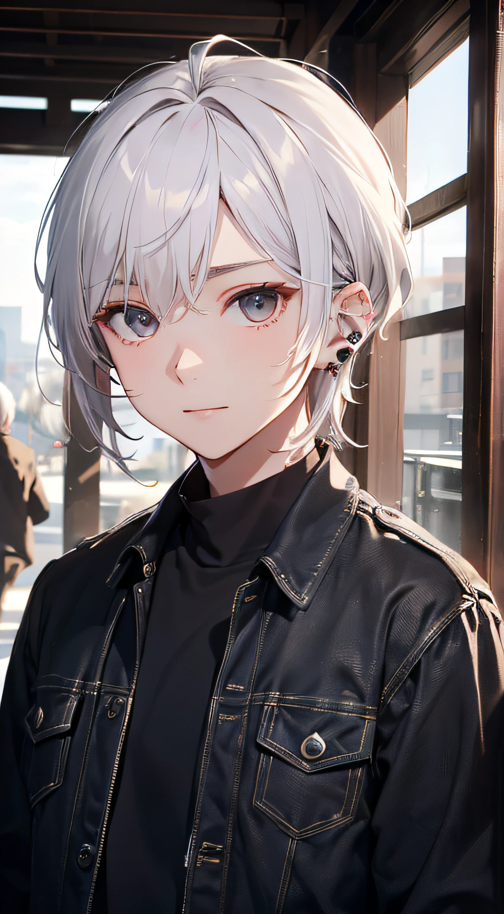 (absurderes、hight resolution、ultra-detailliert、nffsw)、masterpiece、top-quality、、独奏、a handsome、shorth hair、white hair、finely eye and detailed face、Casual clothing、Real Shadows、Joy、Connecting ears、The upper part of the body
