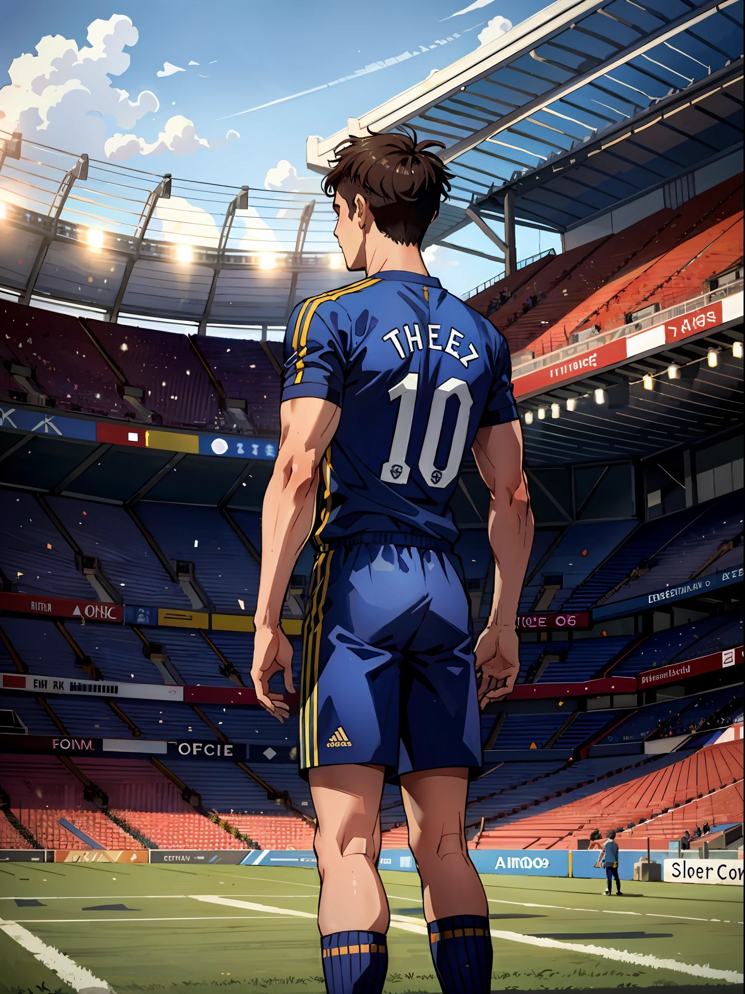 A soccer player stands on the soccer field, Turn his back to the camera，Wearing number 10 blue shirt，In the distance are spectators in the stands