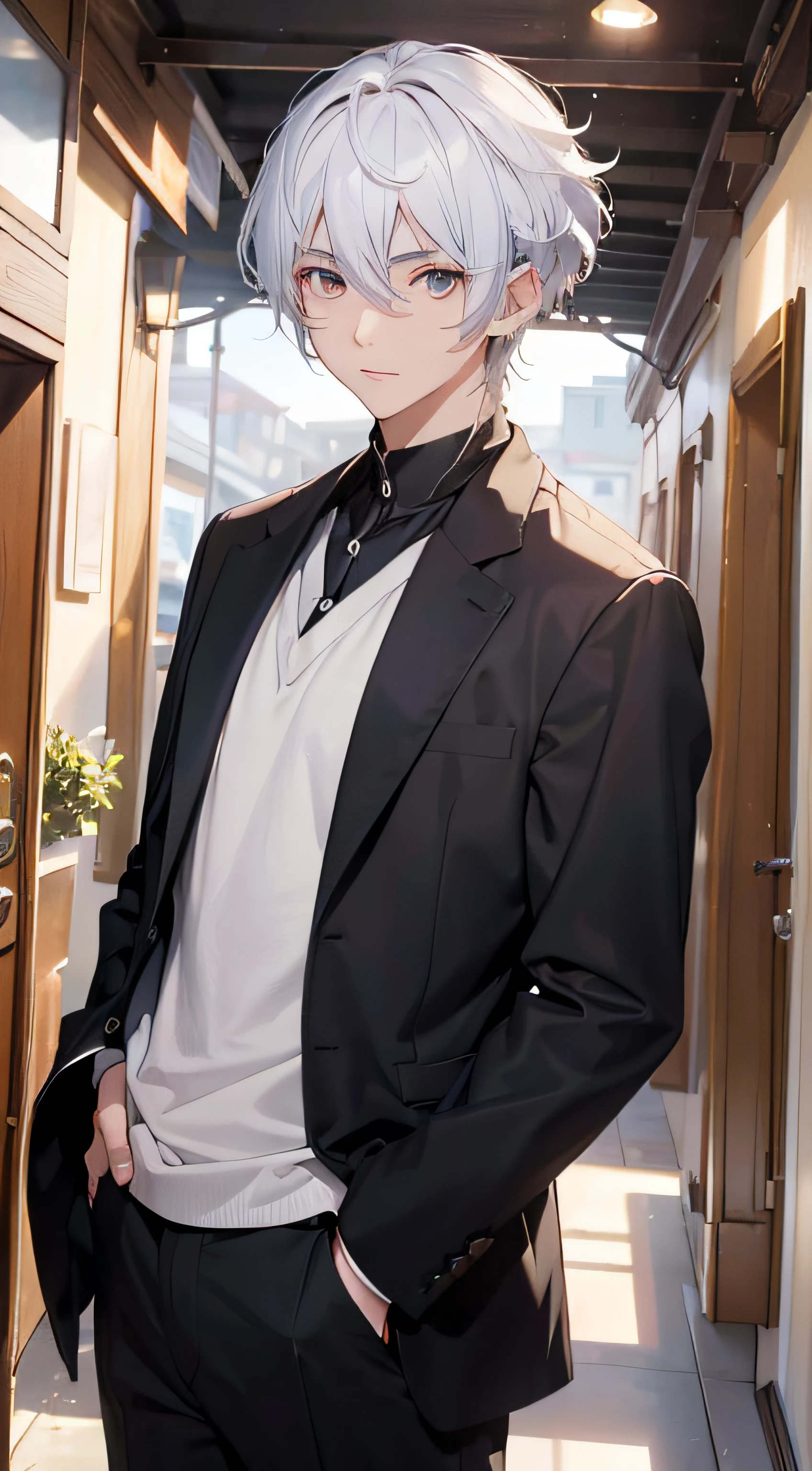 (absurderes、hight resolution、ultra-detailliert、nffsw)、​masterpiece、top-quality、Male child、独奏、a handsome、shorth hair、white  hair、finely eye and detailed face、Casual clothing、Real Shadows、Joy、Connecting ears、The upper part of the body