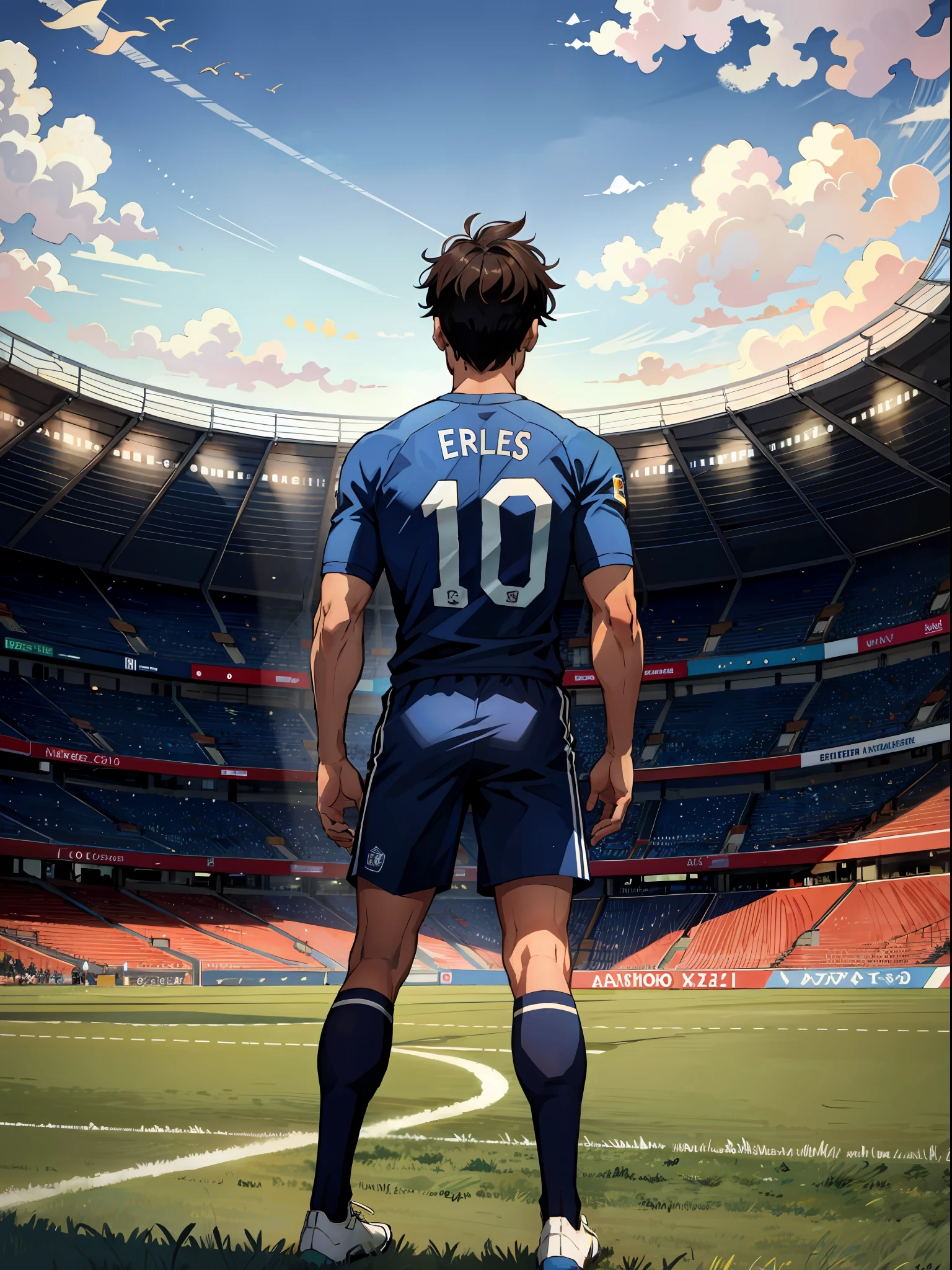 A soccer player stands on the soccer field, Turn his back to the camera，Wearing number 10 blue shirt，In the distance are spectators in the stands