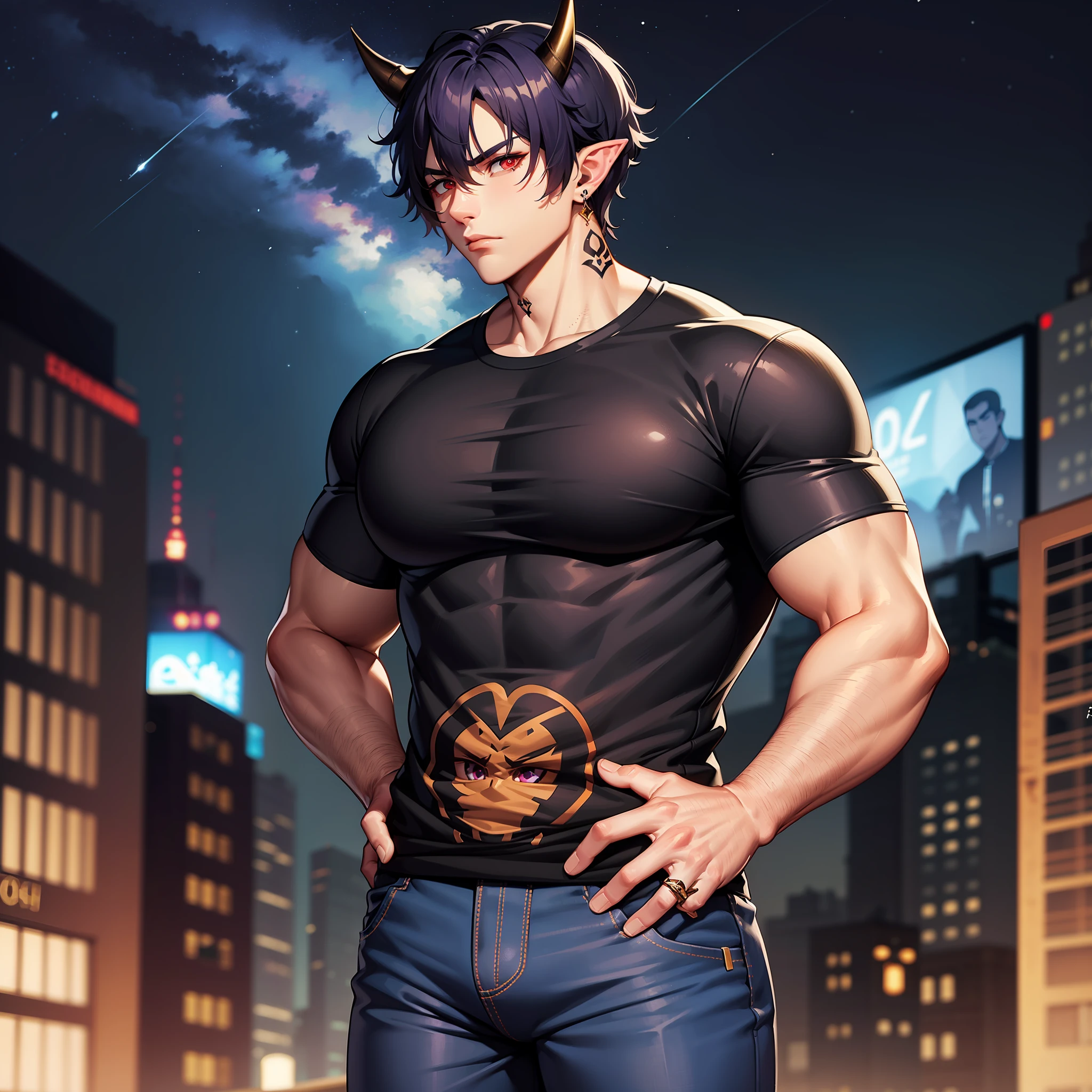 Handsome male, purple hair, short hair, wavy hair, detailed body, detailed hands, horns, expressionless, arrogant expression, red eyes, roman nose, almond eyes, baggy T-shirt, black shirt, blue denim jeans, cocky, nightfall, starry sky, handsome, bushy brows, pointy ears, ear piercings, rings, good looking, tattoos, dark skin, brown skin, charming, good quality, long hair, huge bulge in pants, veiny arms and hands, black denim jeans, manly