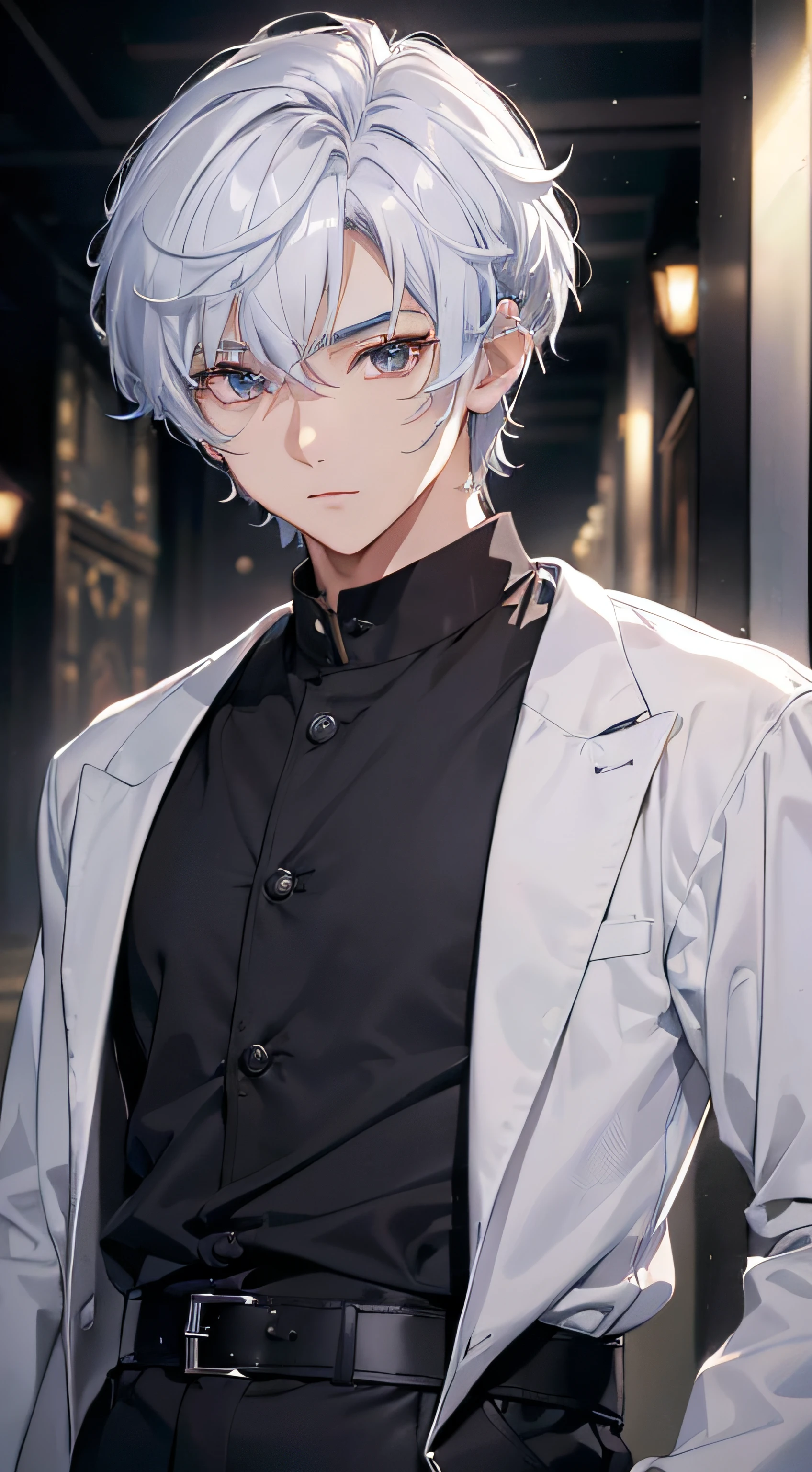 (absurderes、hight resolution、ultra-detailliert、nffsw)、​masterpiece、top-quality、Male child、独奏、a handsome、shorth hair、white  hair、finely eye and detailed face、Casual clothing、Real Shadows、Joy、Connecting ears、The upper part of the body